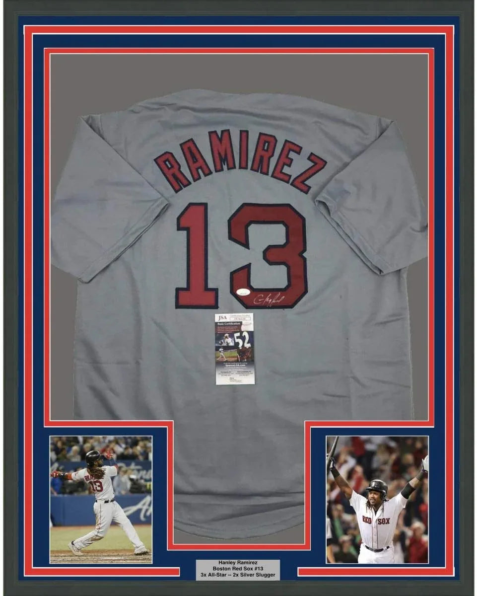 Framed Autographed/Signed Hanley Ramirez 35x39 Boston Grey Baseball Jersey JSA COA