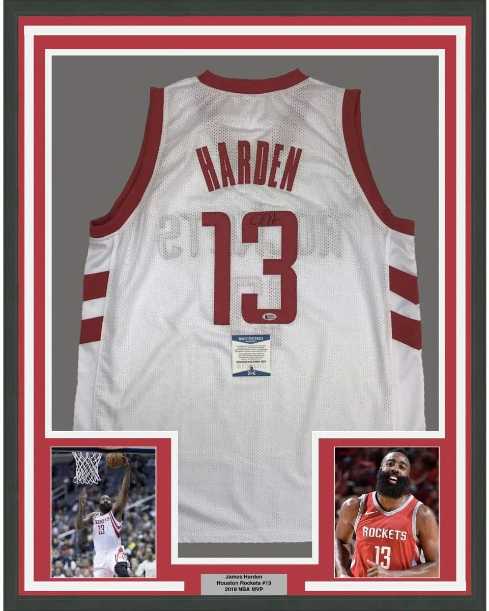 Framed Autographed/Signed James Harden 35x39 Houston White Basketball Jersey Beckett BAS COA