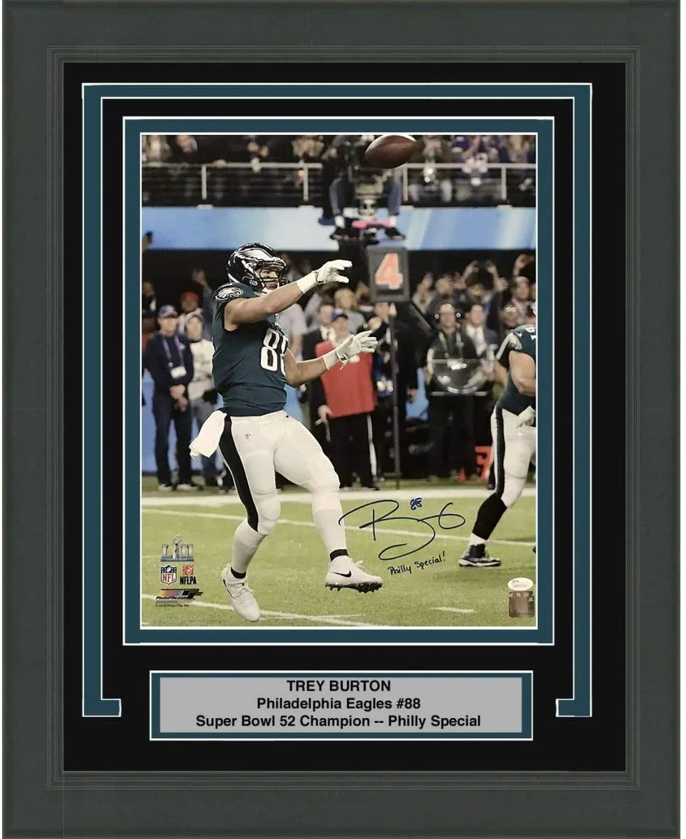 Framed Autographed/Signed Trey Burton Inscribed Philly Special Philadelphia Eagles Super Bowl LII 52 Champions 16x20 Football Photo JSA COA