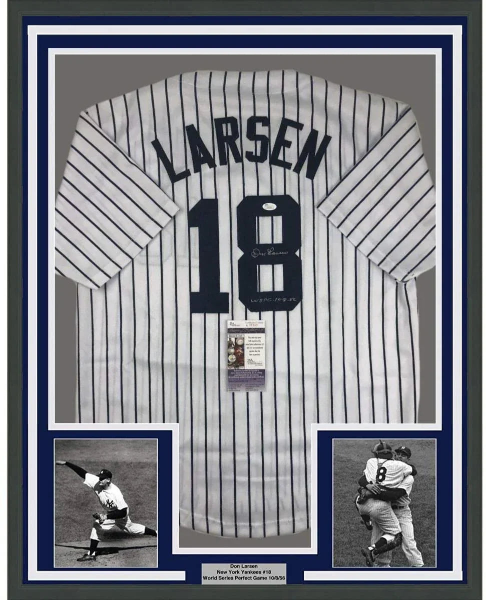Framed Autographed/Signed Don Larsen 35x39 New York Pinstripe Baseball Jersey JSA COA