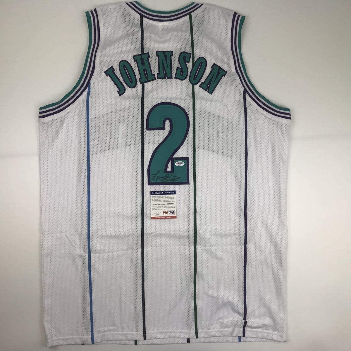 Autographed/Signed Larry Johnson Charlotte White Basketball Jersey PSA/DNA COA