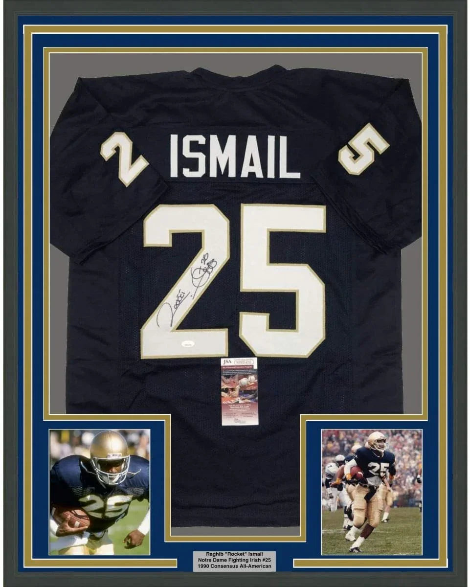Framed Autographed/Signed Raghib Ismail Rocket 35x39 Notre Dame Blue College Football Jersey JSA COA
