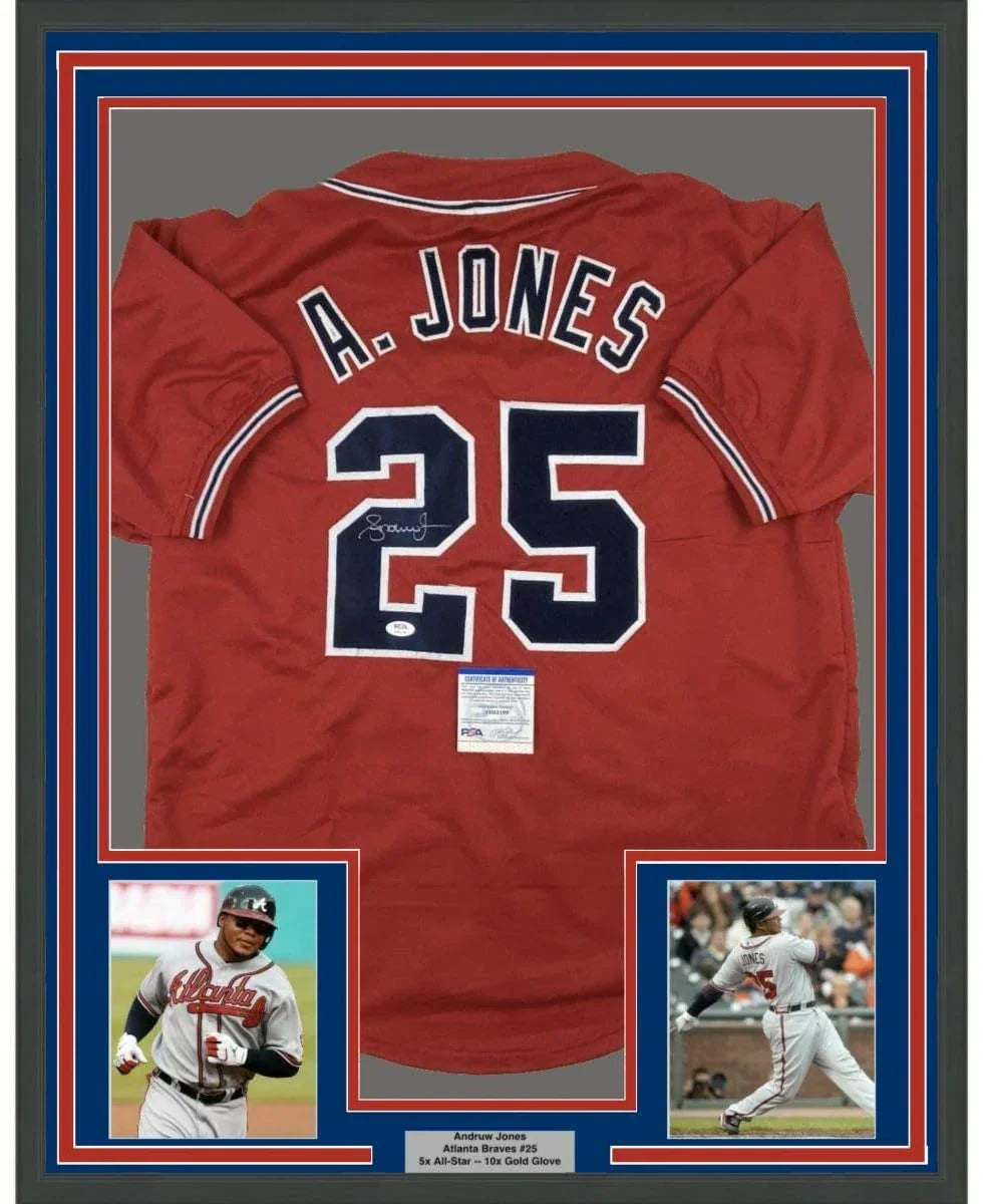 Framed Autographed/Signed Andruw Jones 35x39 Atlanta Red Baseball Jersey PSA/DNA COA