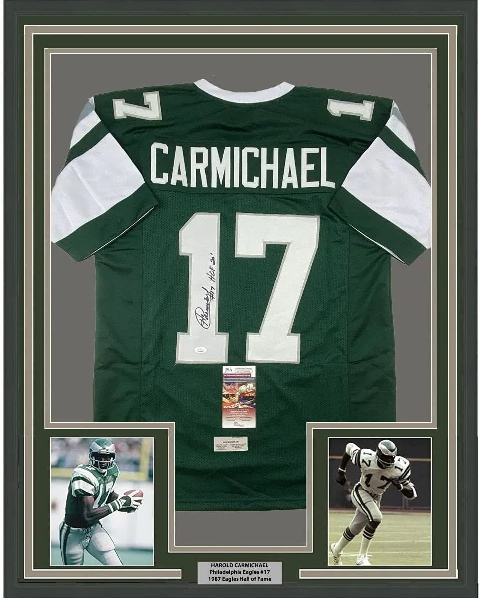 Framed Autographed/Signed Harold Carmichael 35x39 HOF 20 Philadelphia Green Football Jersey JSA COA
