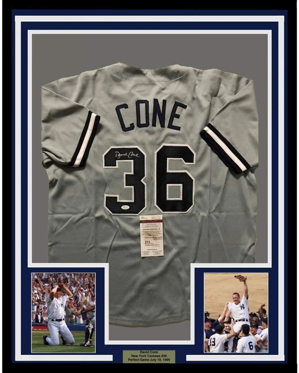 Framed Autographed/Signed David Cone 35x39 New York Grey Baseball Jersey JSA COA