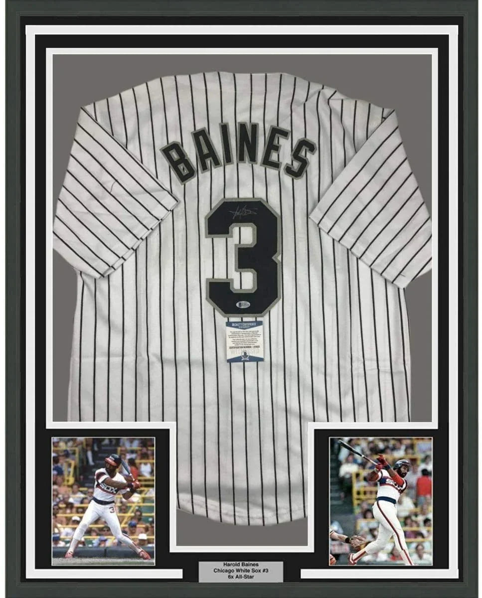 Framed Autographed/Signed Harold Baines 35x39 Chicago Pinstripe Baseball Jersey Beckett BAS COA
