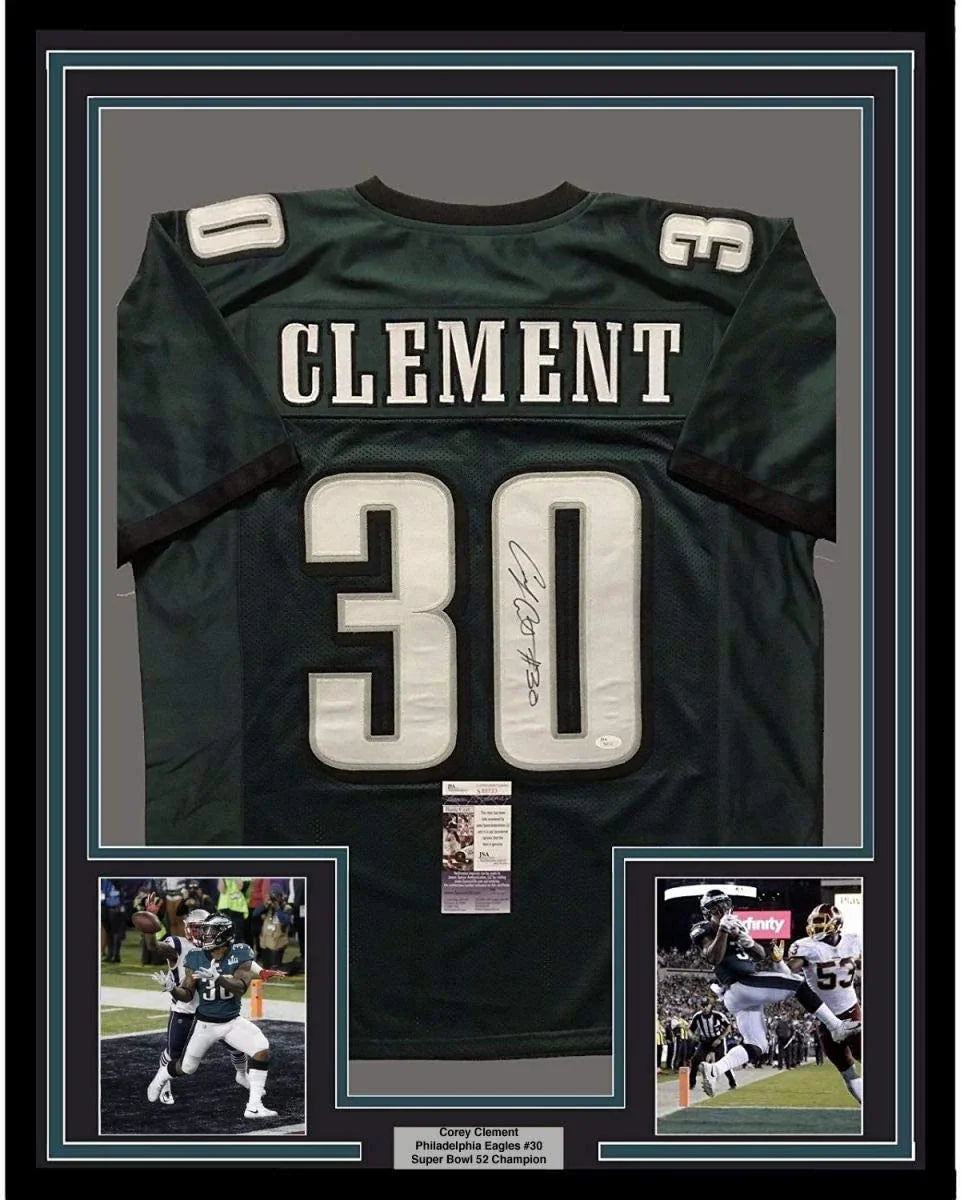 Framed Autographed/Signed Corey Clement 35x39 Philadelphia Eagles Green Football Jersey JSA COA