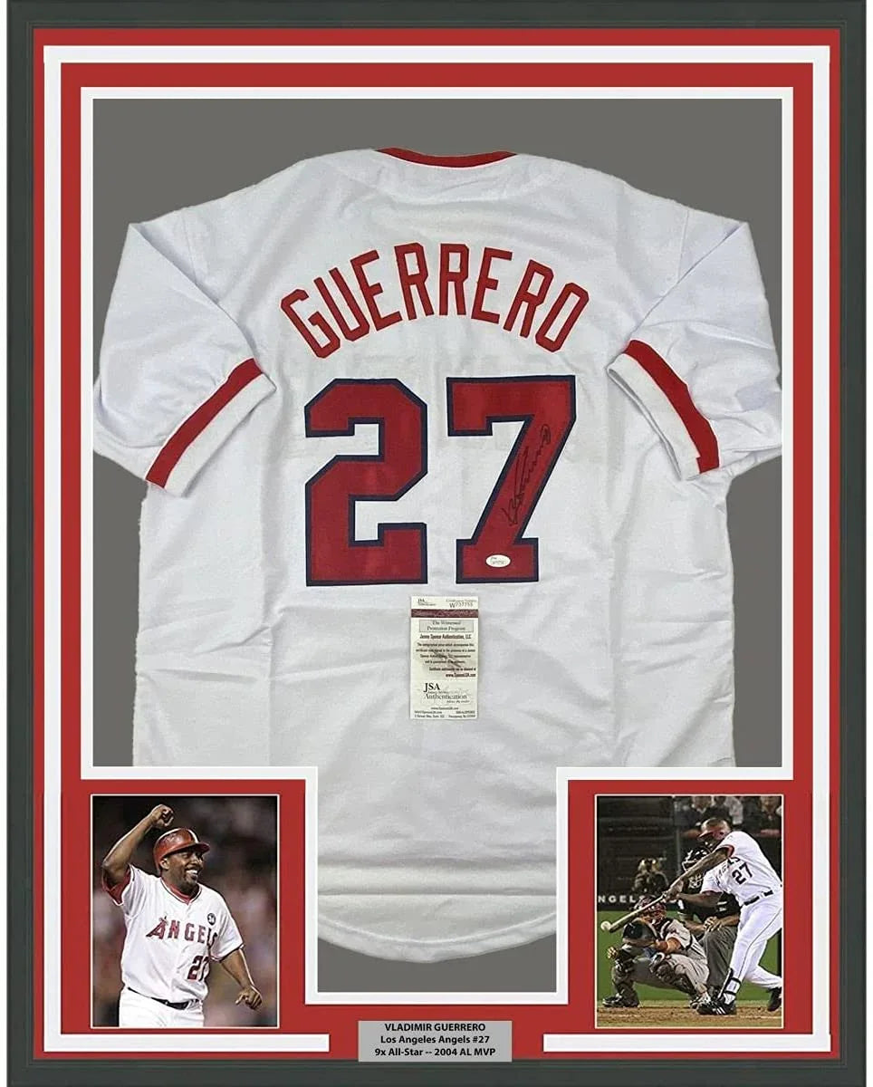 Framed Autographed/Signed Vladimir Vlad Guerrero 35x39 Los Angeles LA Anaheim White Baseball Jersey JSA COA