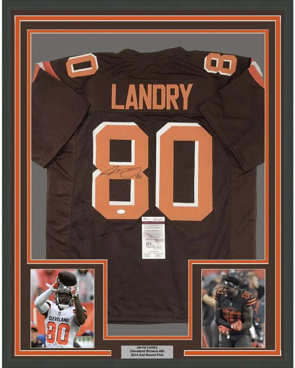Framed Autographed/Signed Jarvis Landry 35x39 Cleveland Brown Football Jersey JSA COA