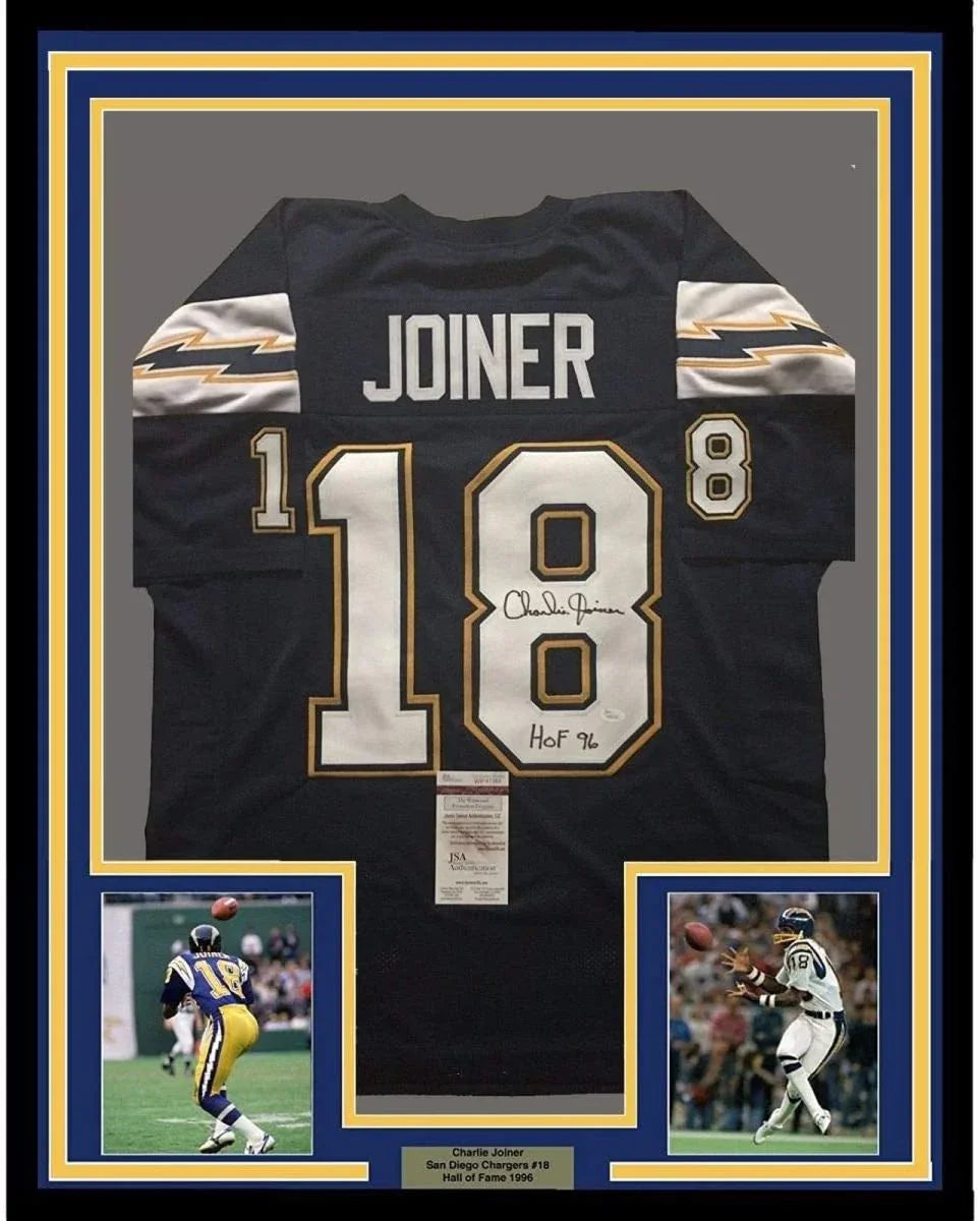 Framed Autographed/Signed Charlie Joiner HOF 96 35x39 San Diego Chargers Dark Blue Football Jersey JSA COA