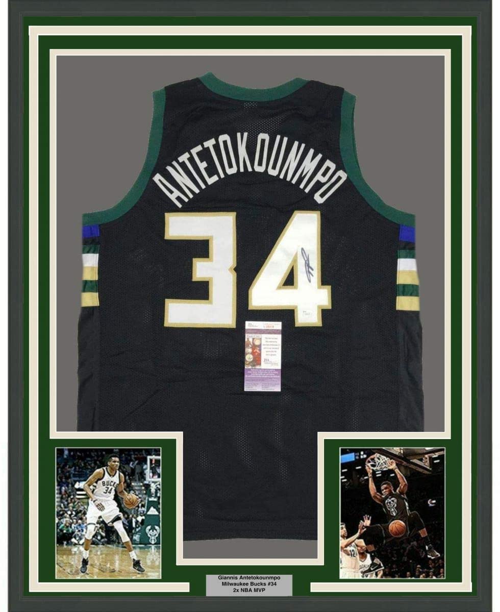 Framed Autographed/Signed Giannis Antetokounmpo 35x39 Milwaukee Black Basketball Jersey JSA COA