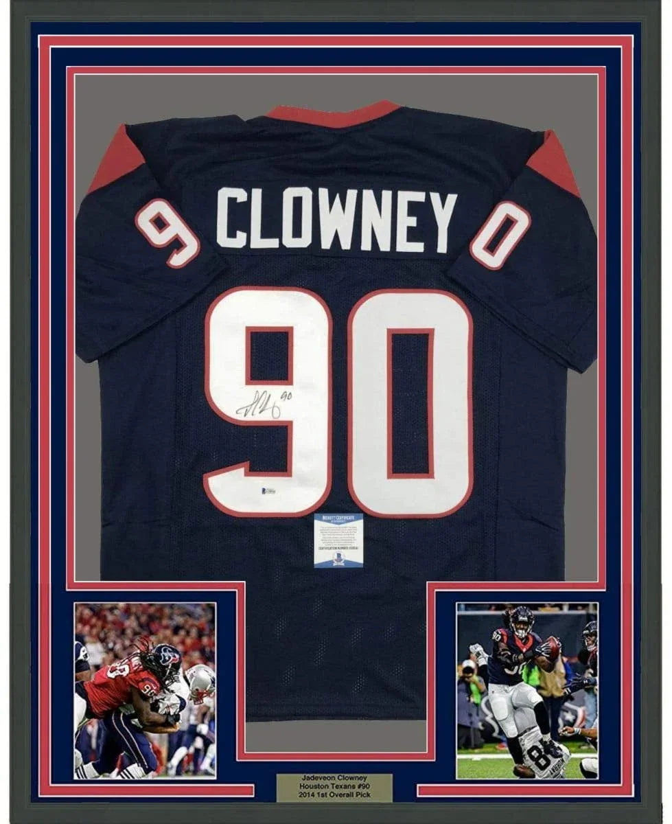 Framed Autographed/Signed Jadaveon Clowney 35x39 Houston Blue Football Jersey Beckett BAS COA