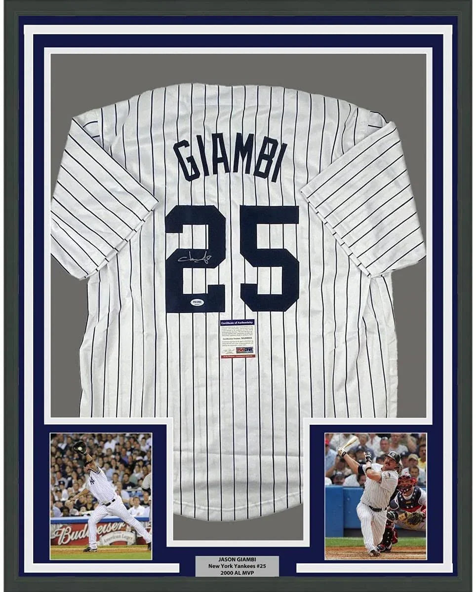Framed Autographed/Signed Jason Giambi 35x39 New York Pinstripe Baseball Jersey PSA/DNA COA