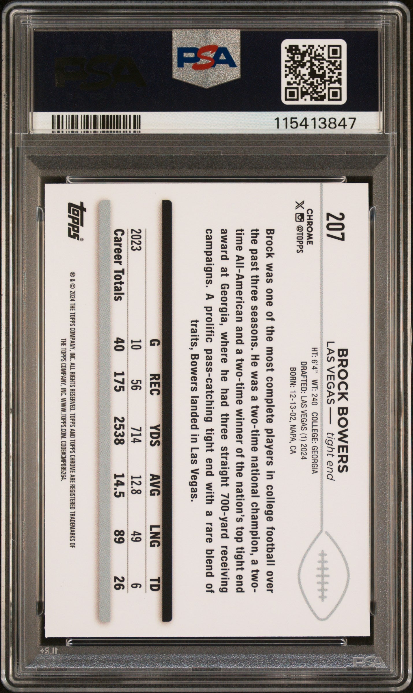 Graded 2024 Topps Chrome Brock Bowers #207 Rookie RC Football Card PSA 10 Gem Mint