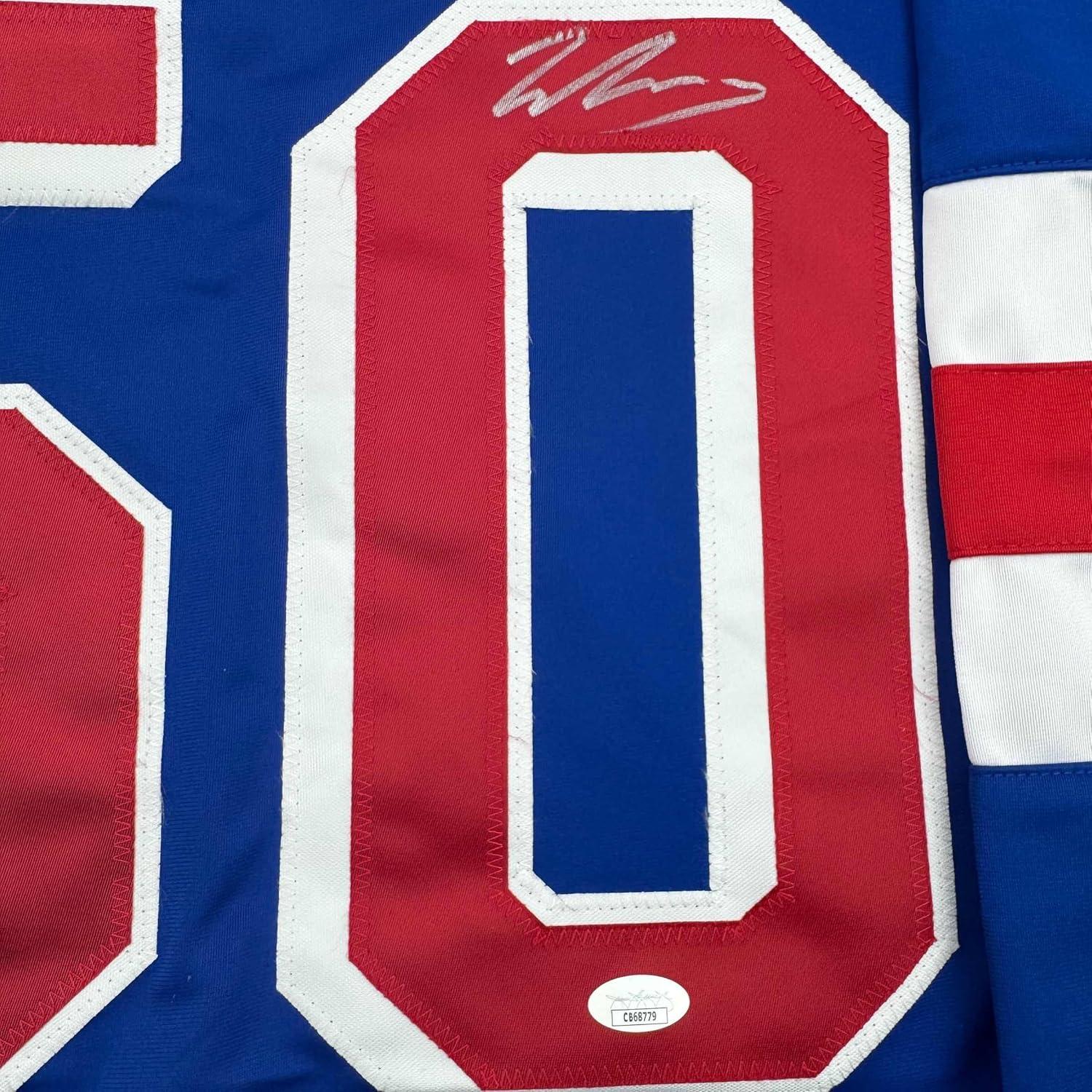 Framed Autographed/Signed Will Cuylle 35x39 New York Blue Hockey Jersey JSA COA