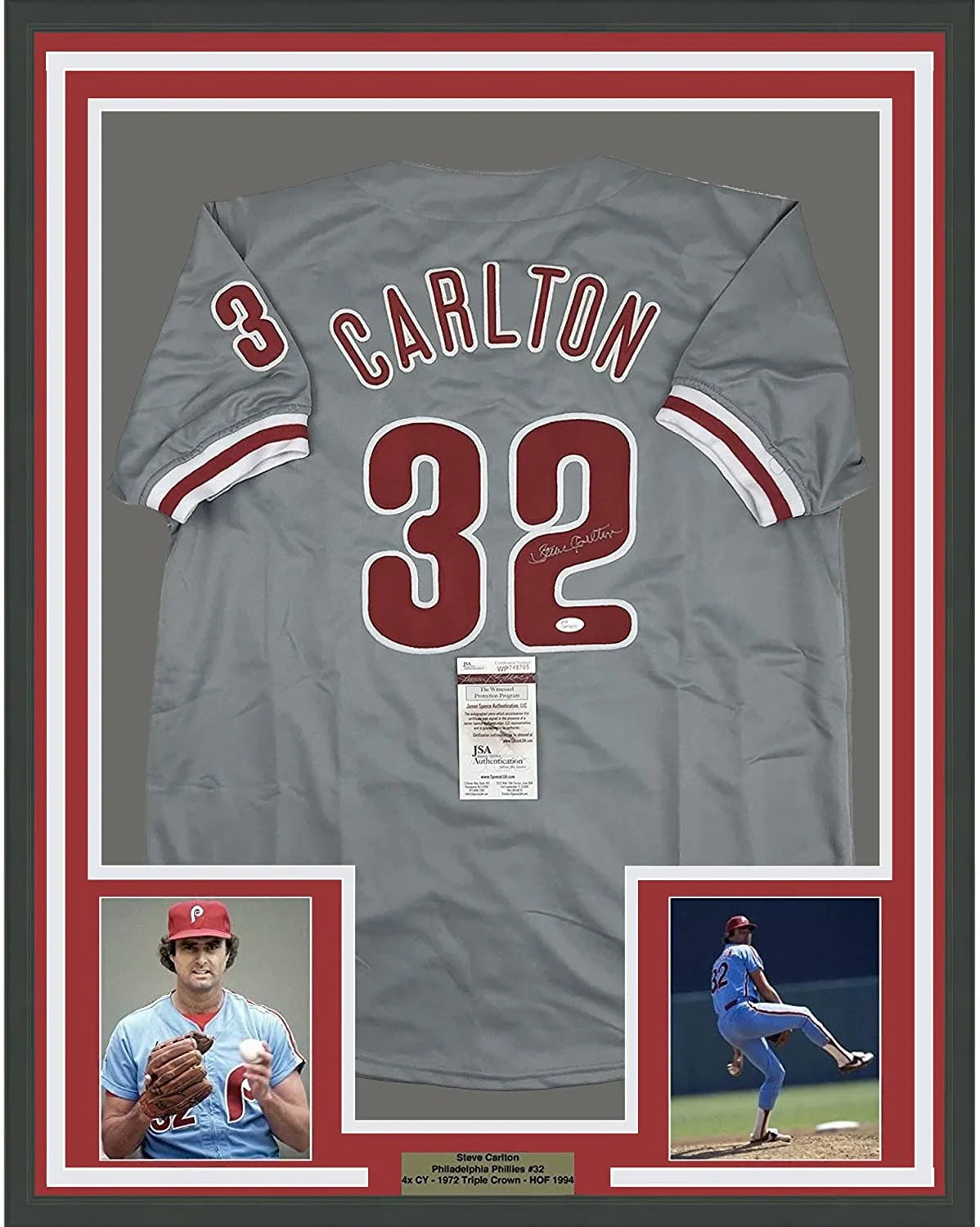 Framed Autographed/Signed Steve Carlton 35x39 Philadelphia Grey Baseball Jersey JSA COA