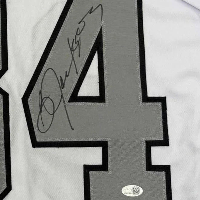 Framed Autographed/Signed Bo Jackson 35x39 Oakland White Color Rush Football Jersey JSA COA