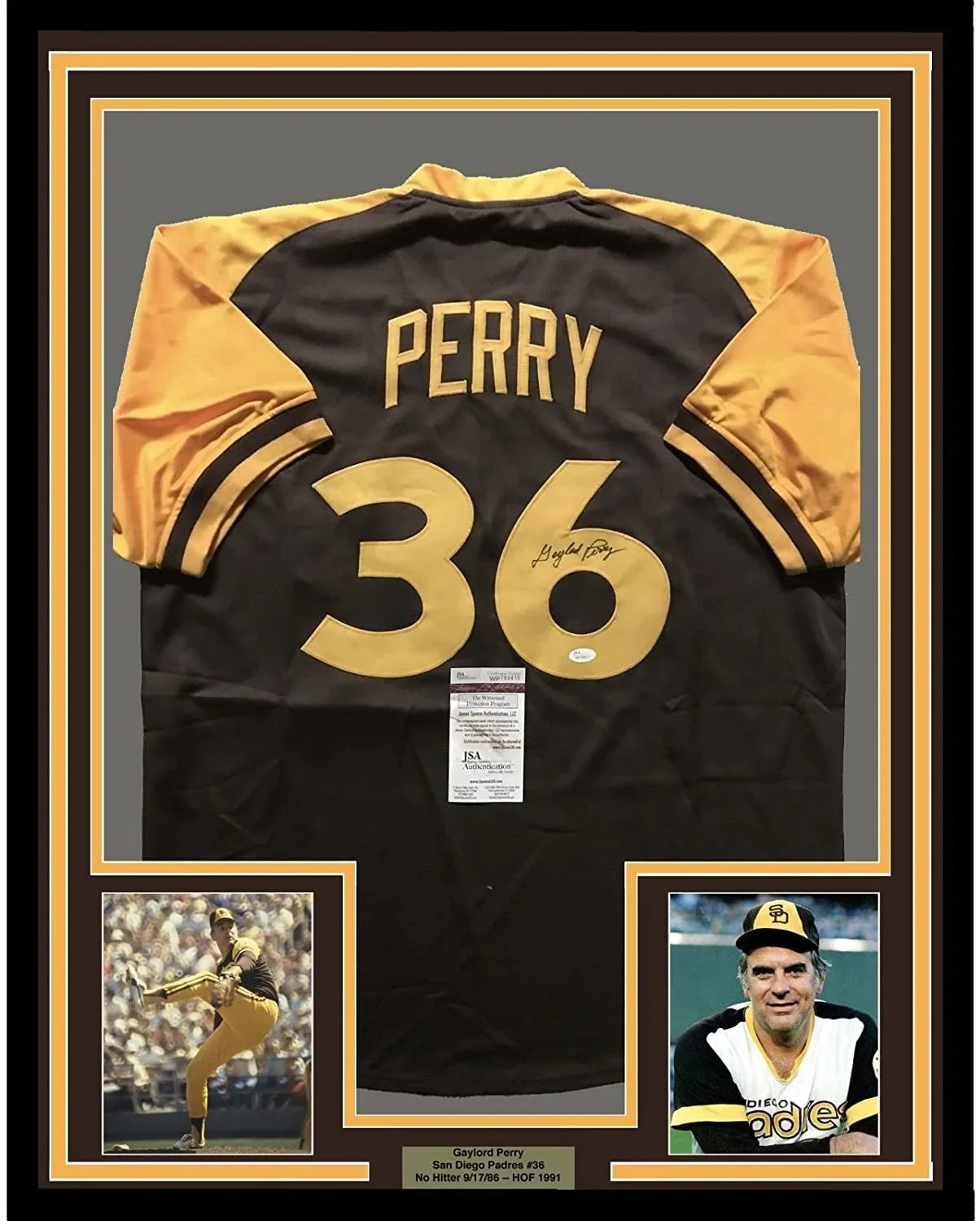 Framed Autographed/Signed Gaylord Perry 35x39 San Diego Brown Baseball Jersey JSA COA