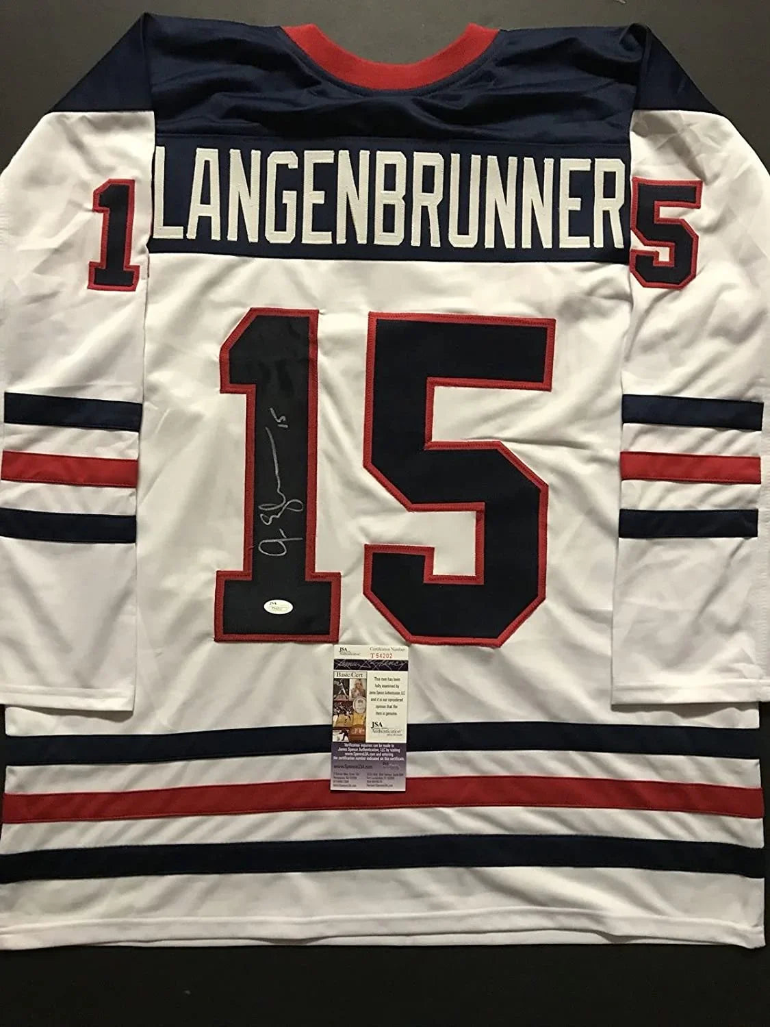 Autographed/Signed Jamie Langenbrunner Team USA United States White Hockey Jersey JSA COA