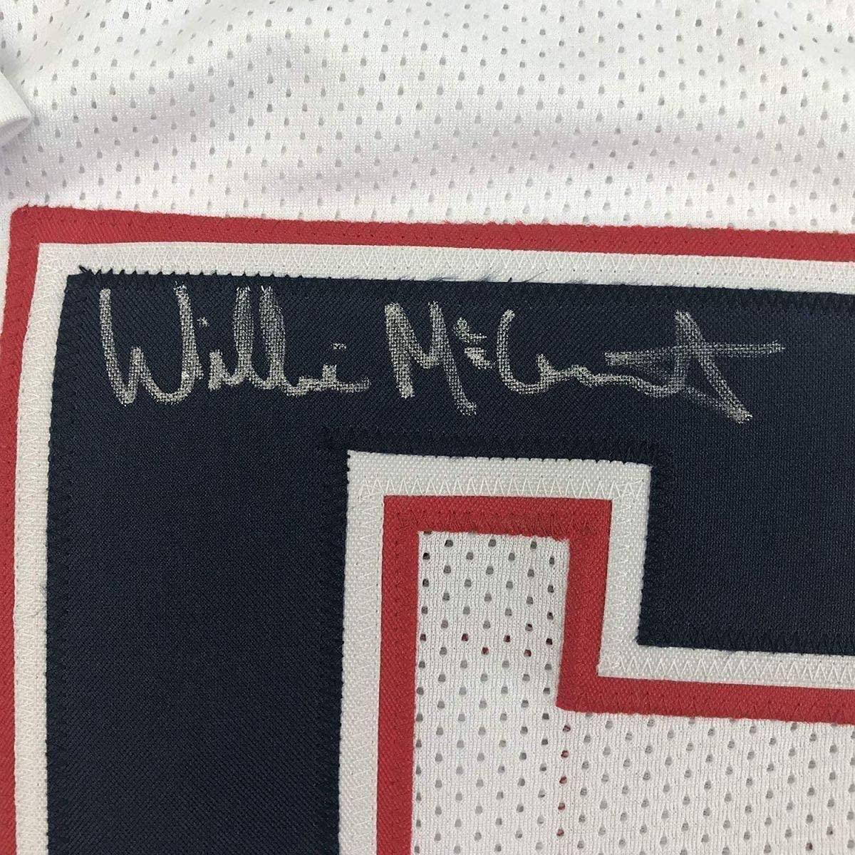 Framed Autographed/Signed Willie McGinest 35x39 New England White Football Jersey JSA COA