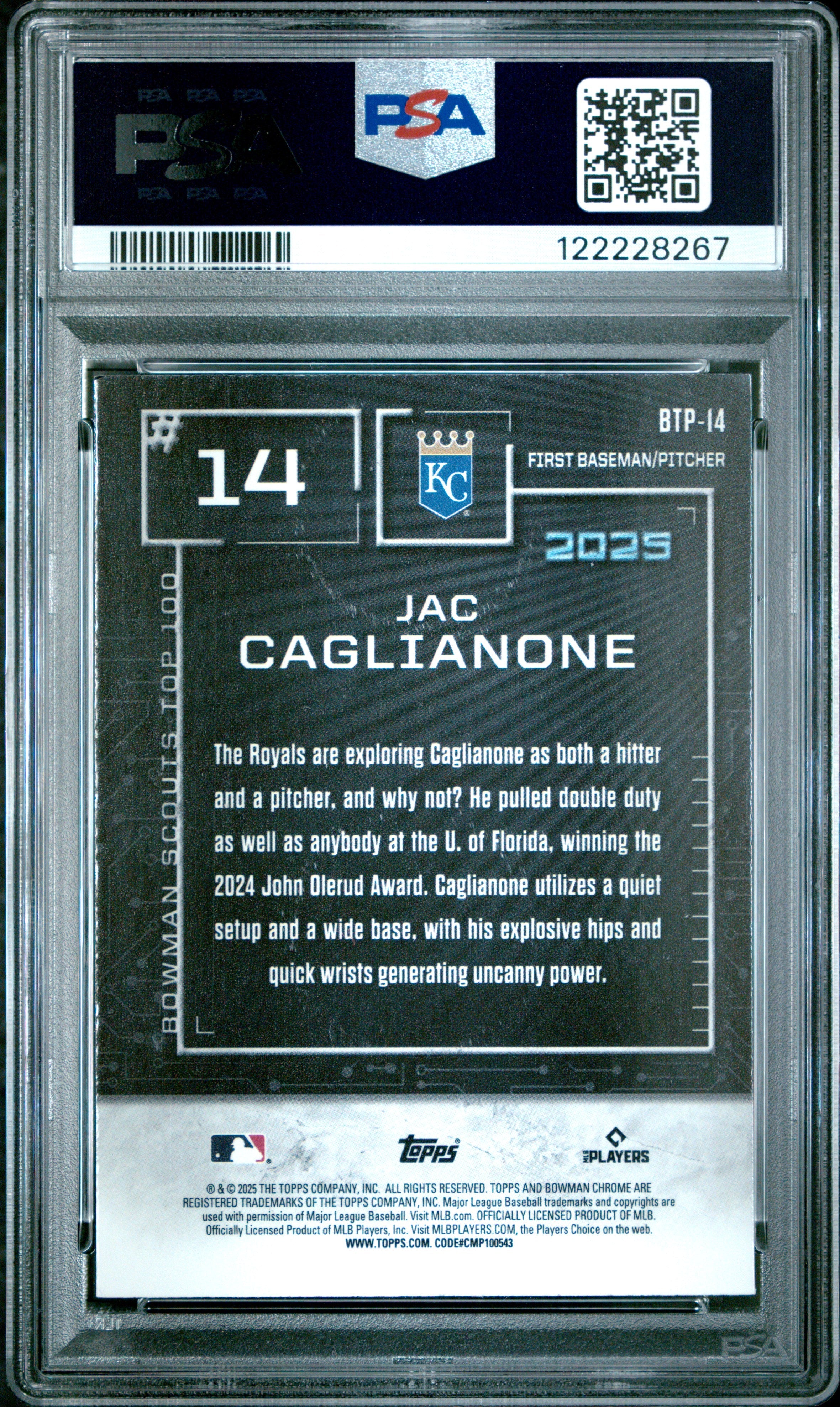 Graded 2025 Topps Bowman Jac Caglianone #BTP14 Scouts Top 100 Rookie RC Baseball Card PSA 9 Mint