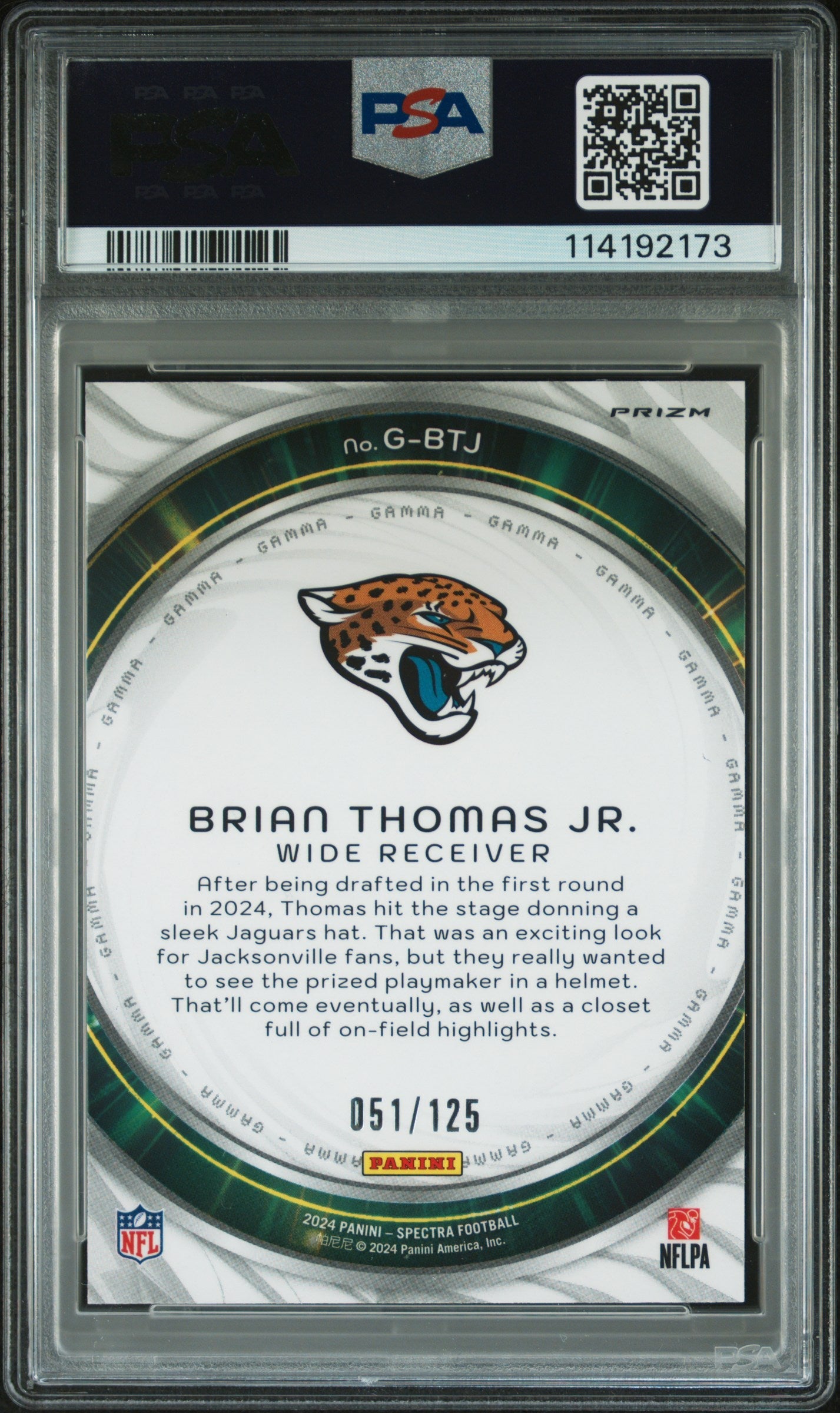 Graded 2024 Panini Spectra Brian Thomas Jr #GBTJ Gamma Rookie RC Football Card PSA 10 Gem Mint