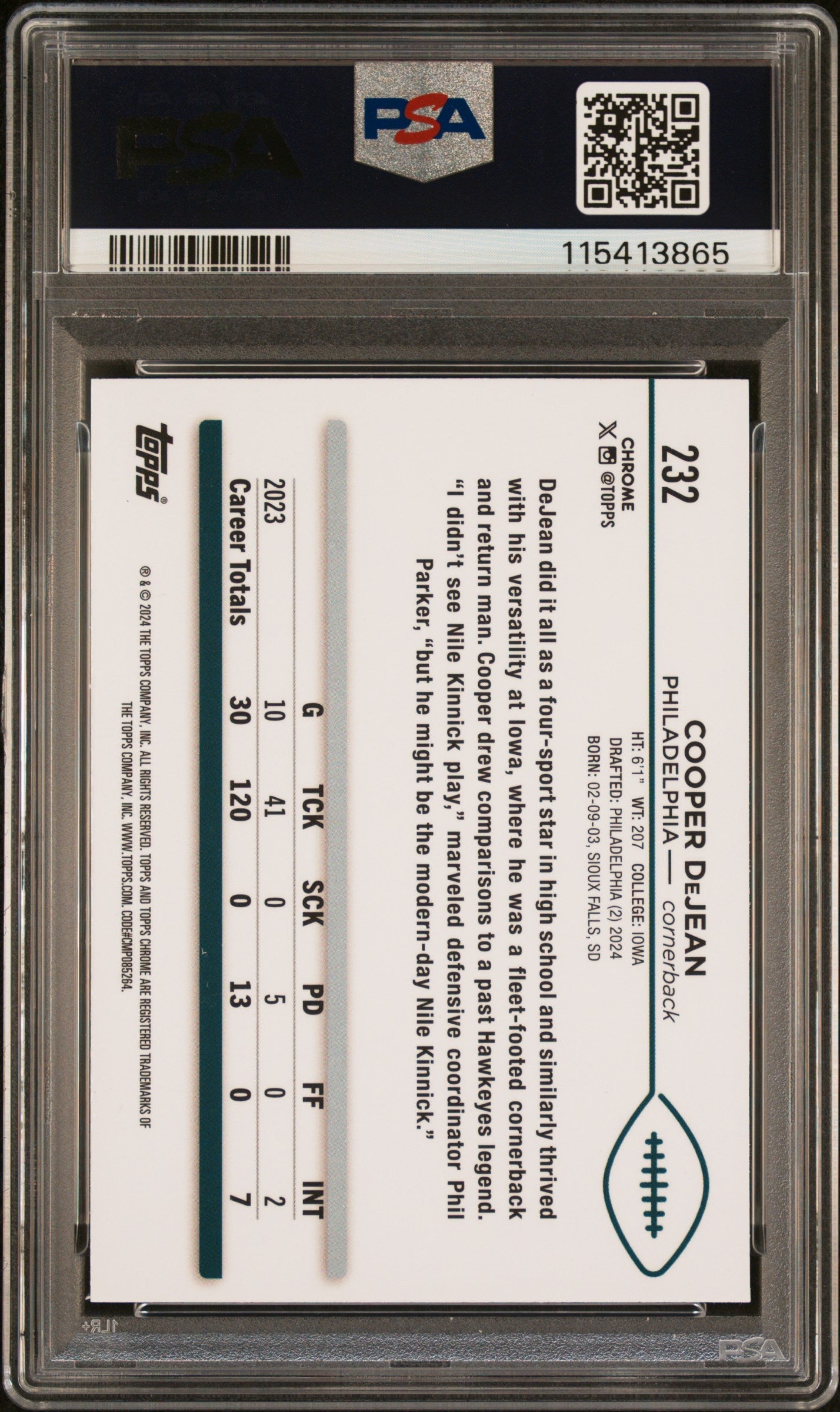 Graded 2024 Topps Chrome Cooper DeJean #232 Rookie RC Football Card PSA 10 Gem Mint