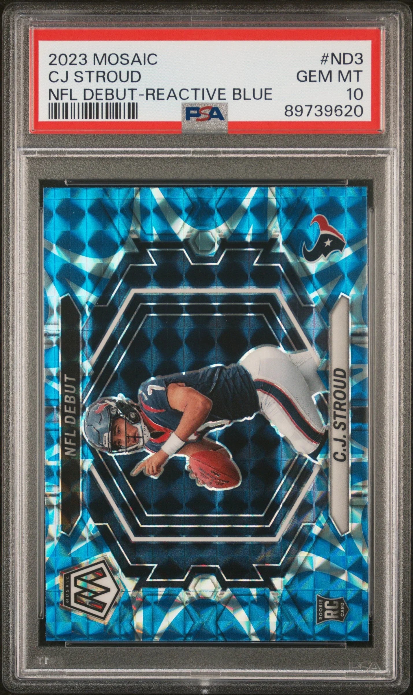 Graded 2023 Panini Mosaic CJ Stroud #ND3 NFL Debut Reactive Blue Rookie RC Football Card PSA 10 Gem Mint