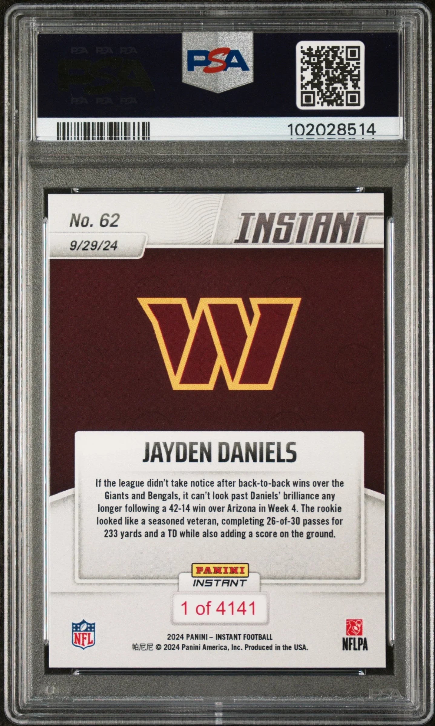 Graded 2024 Panini Instant NFL Jayden Daniels #62 Rookie RC Football Card PSA 10 Gem Mint