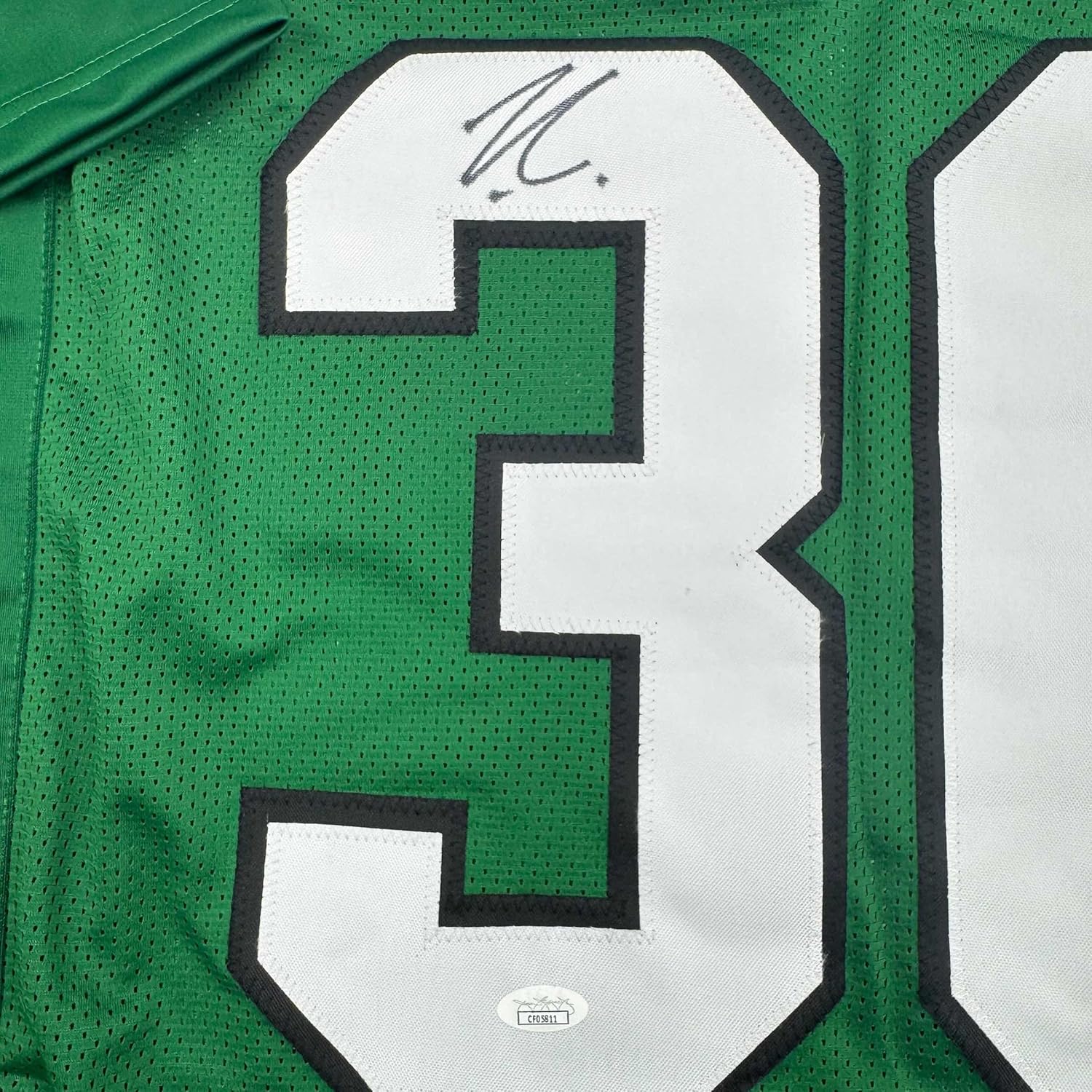 Framed Autographed/Signed Jihaad Campbell 35x39 Philadelphia Kelly Green Football Jersey JSA COA