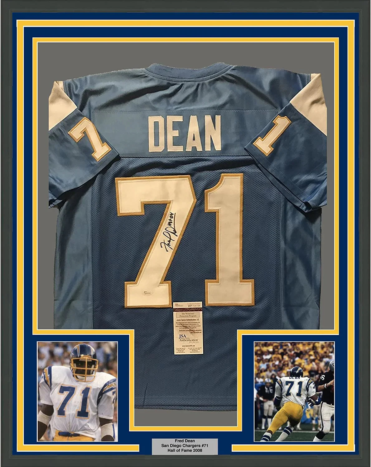 Framed Autographed/Signed Fred Dean HOF 08  35x39 San Diego Chargers Powder Blue Football Jersey JSA COA