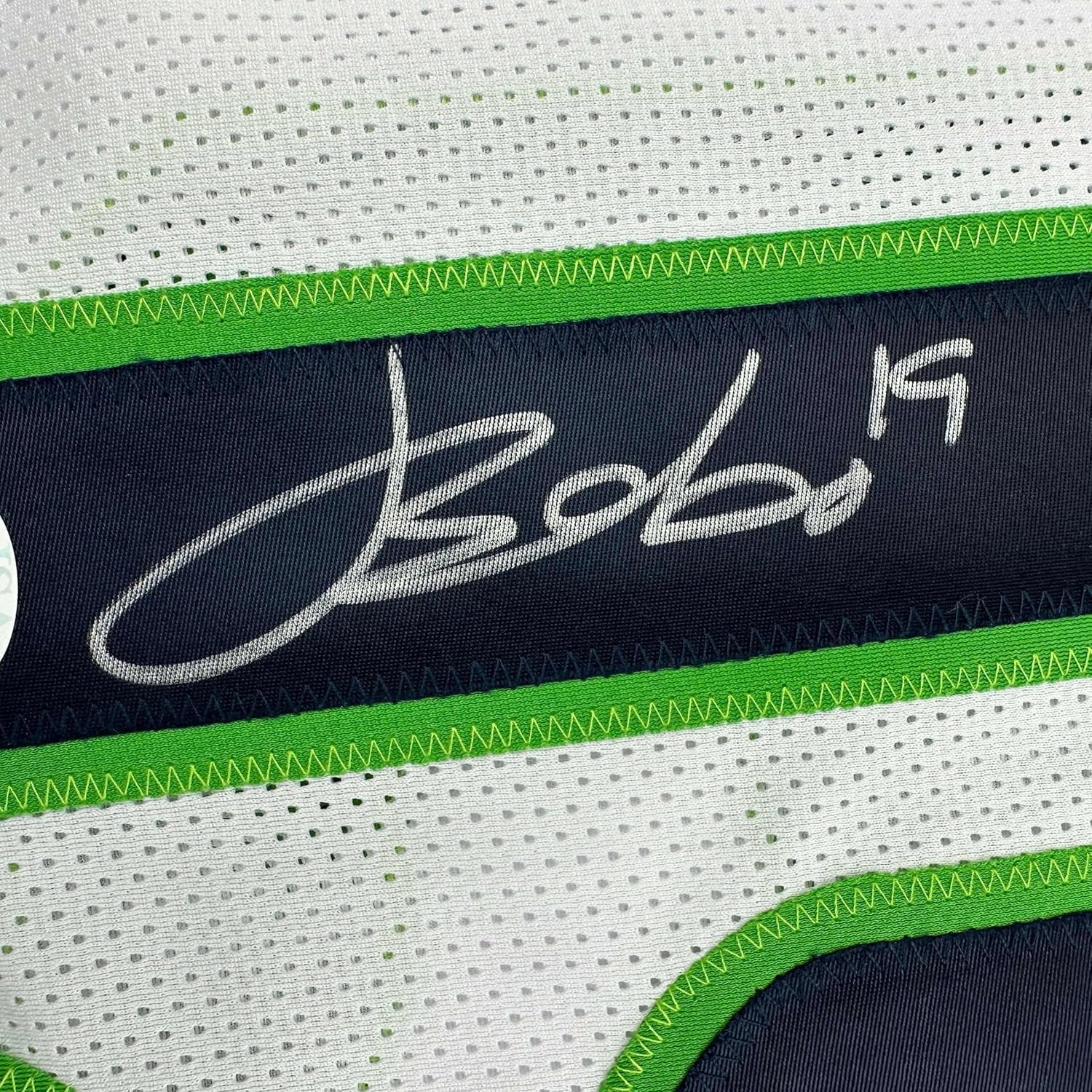 Framed Autographed/Signed Jake Bobo 35x39 Seattle White Football Jersey JSA COA