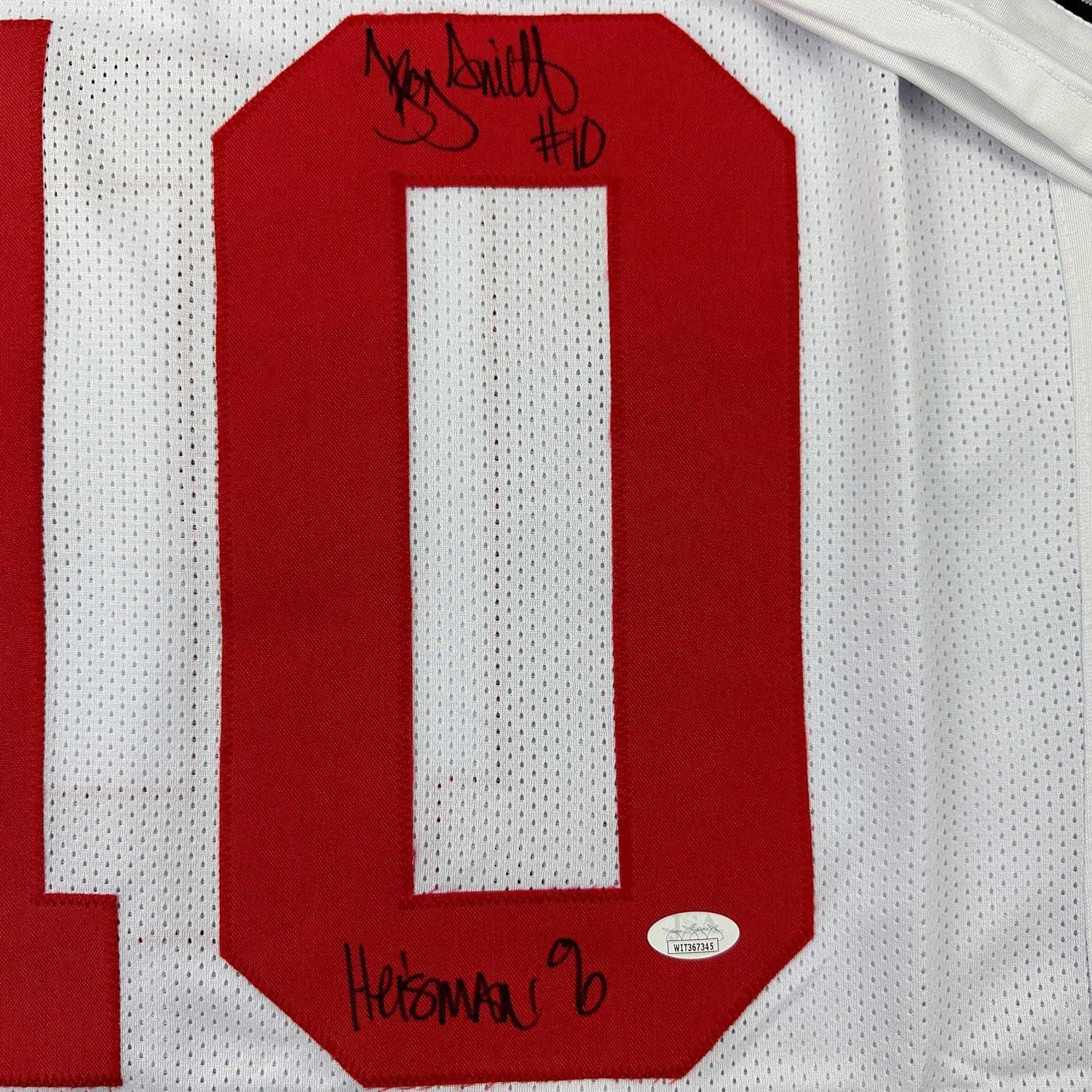 Framed Autographed/Signed Troy Smith 35x39 Heisman 06 Ohio State White College Football Jersey JSA COA