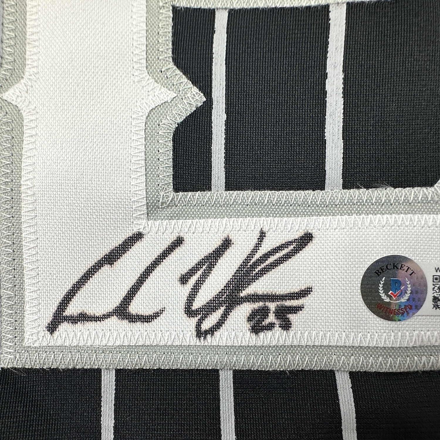 Framed Autographed/Signed Andrew Vaughn 35x39 Chicago Black Pinstripe City Edition Baseball Jersey Beckett BAS COA