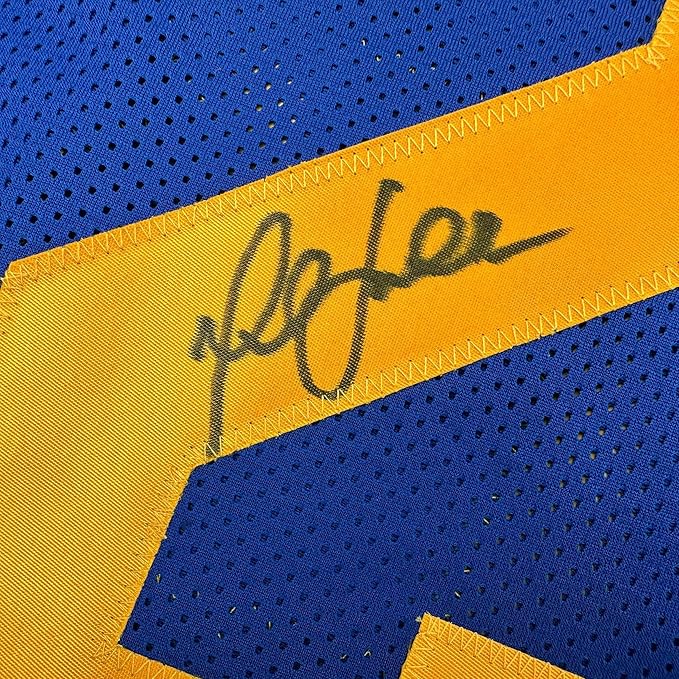 Framed Autographed/Signed Marshall Faulk 35x39 St. Louis Blue Football Jersey Beckett BAS COA