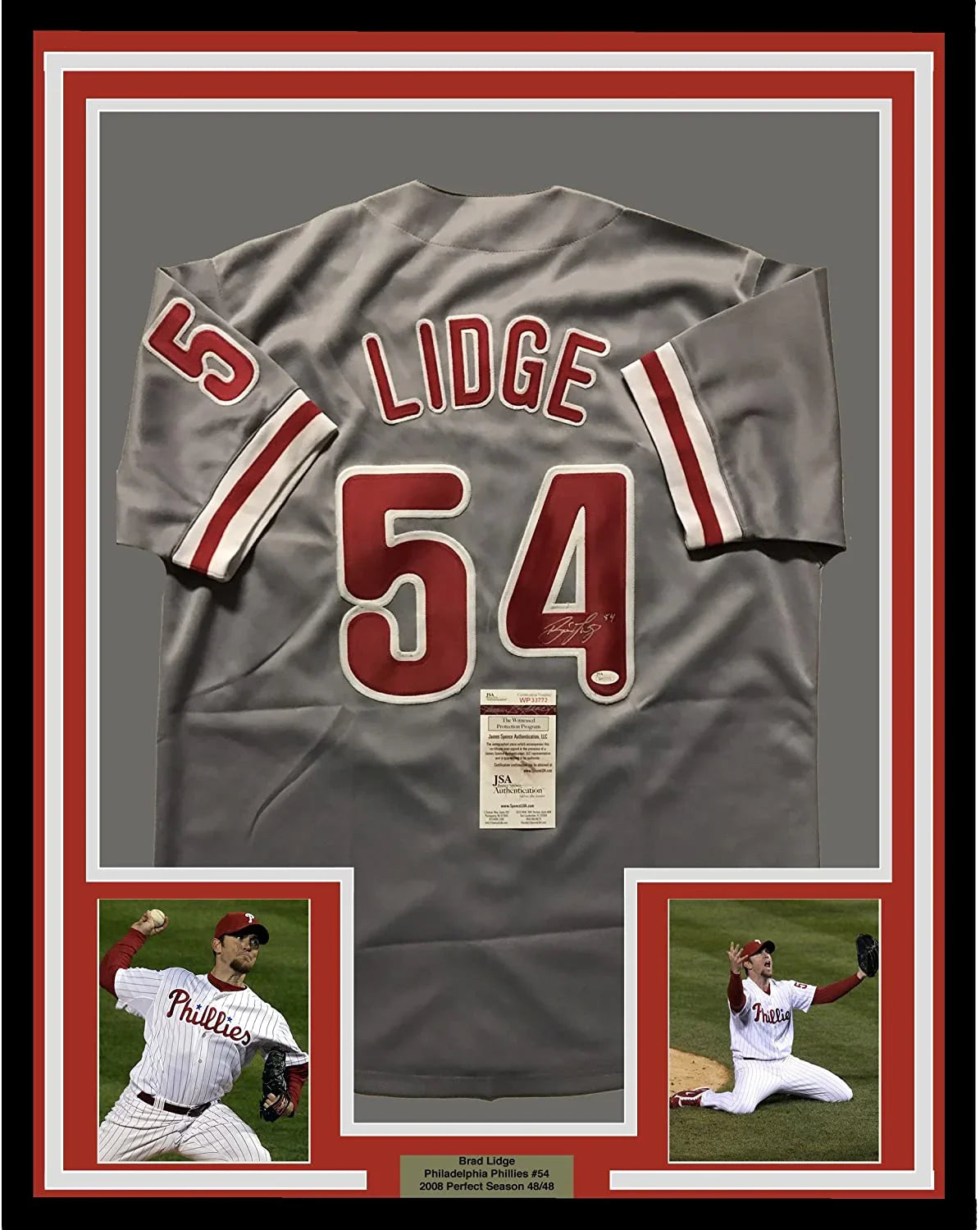 Framed Autographed/Signed Brad Lidge 35x39 Philadelphia Grey Baseball Jersey JSA COA