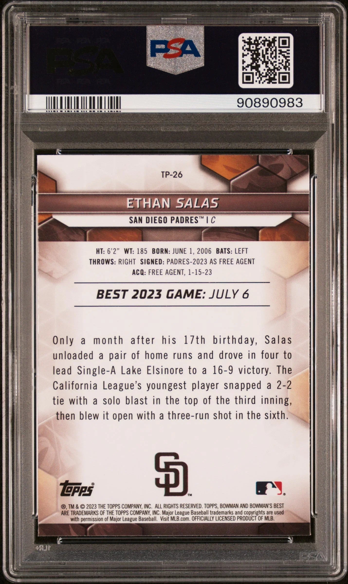 Graded 2023 Topps Bowmans Best Ethan Salas #TP26 Top Prospects Rookie RC Baseball Card PSA 10 Gem Mint