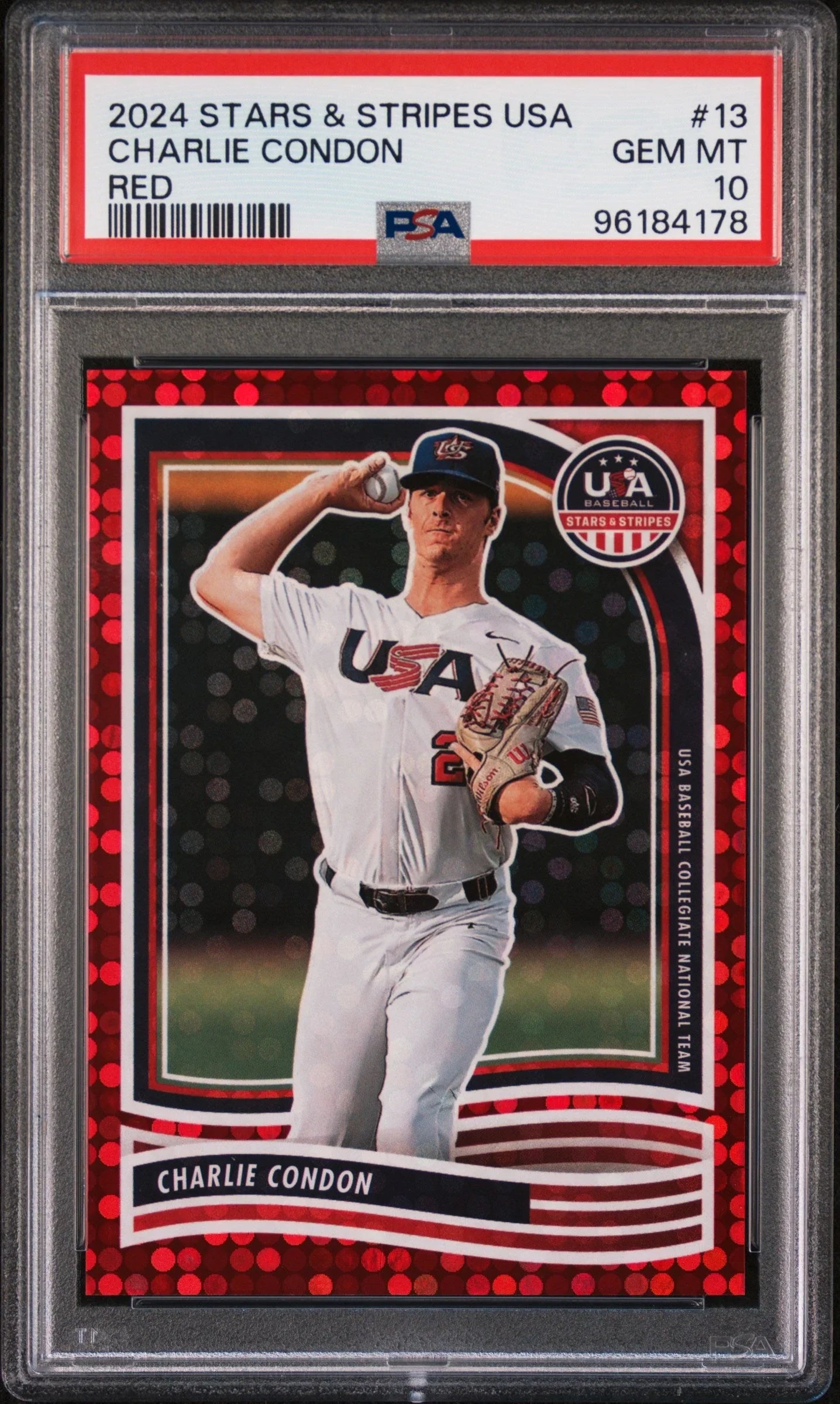 Graded 2024 Panini Stars & Stripes USA Charlie Condon #13 #/199 Rookie RC Baseball Card PSA 10 Gem Mint