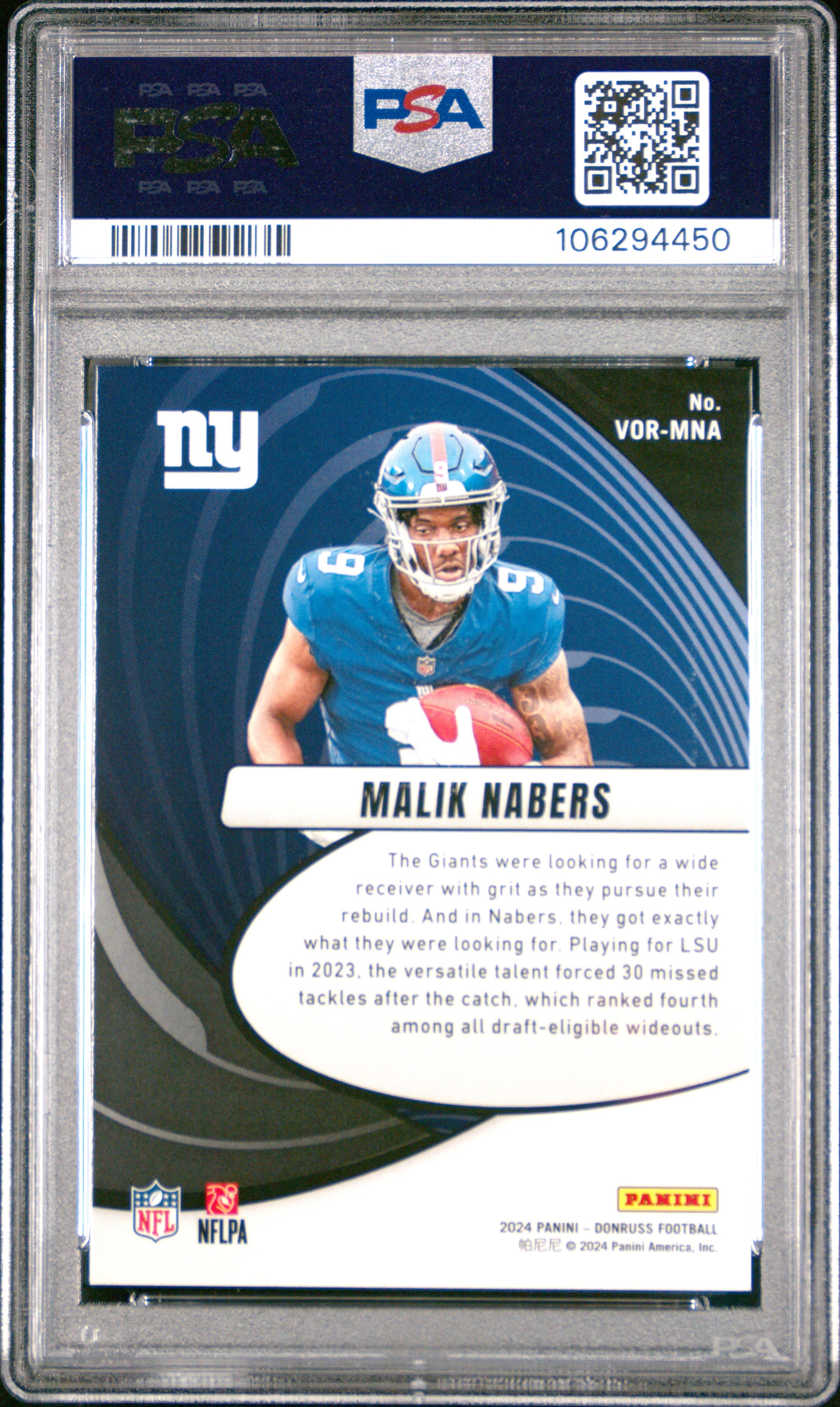 Graded 2024 Panini Donruss Malik Nabers #VORMNA Vortex Rookie RC Football Card PSA 10 Gem Mint
