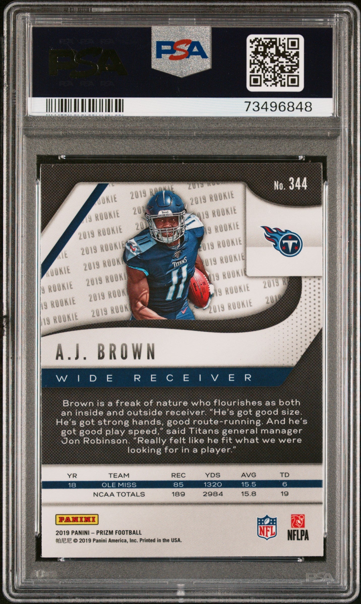 Graded 2019 Panini Prizm AJ Brown #344 Rookie RC Football Card PSA 9 Mint