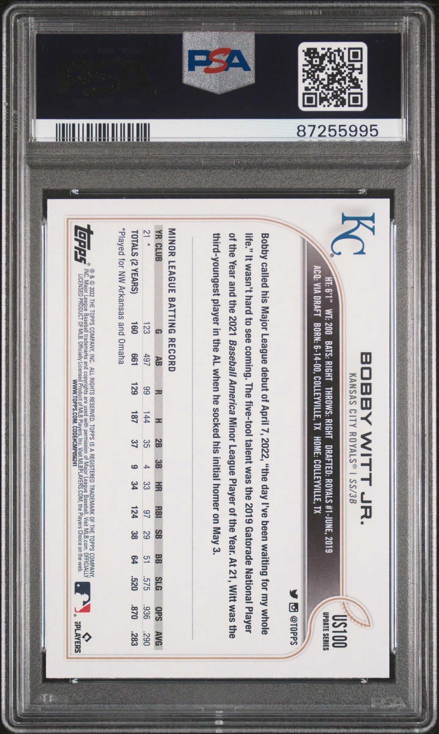 Graded 2022 Topps Update Bobby Witt Jr. #US100 Rookie RC Baseball Card PSA 10 Gem Mint