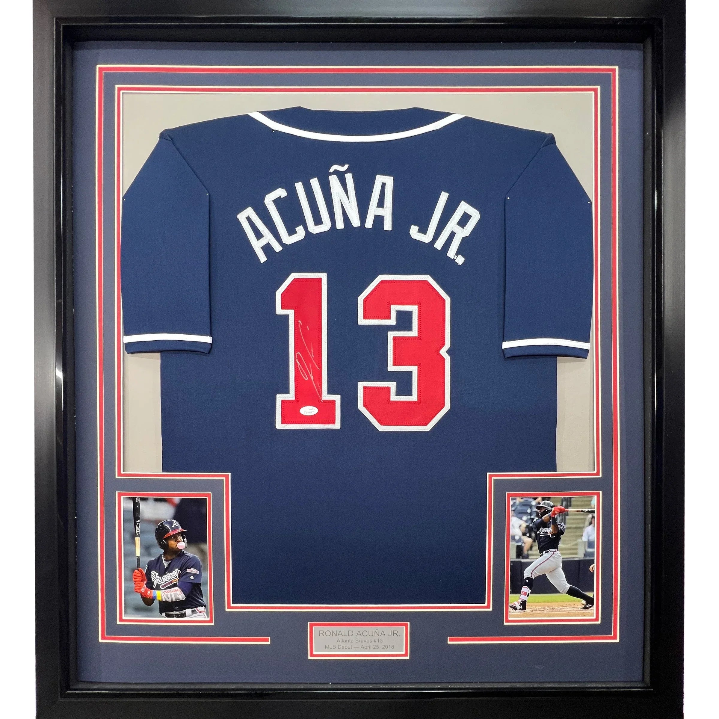 Framed Autographed/Signed Ronald Acuna Jr. 35x39 Atlanta Blue Baseball Jersey JSA COA