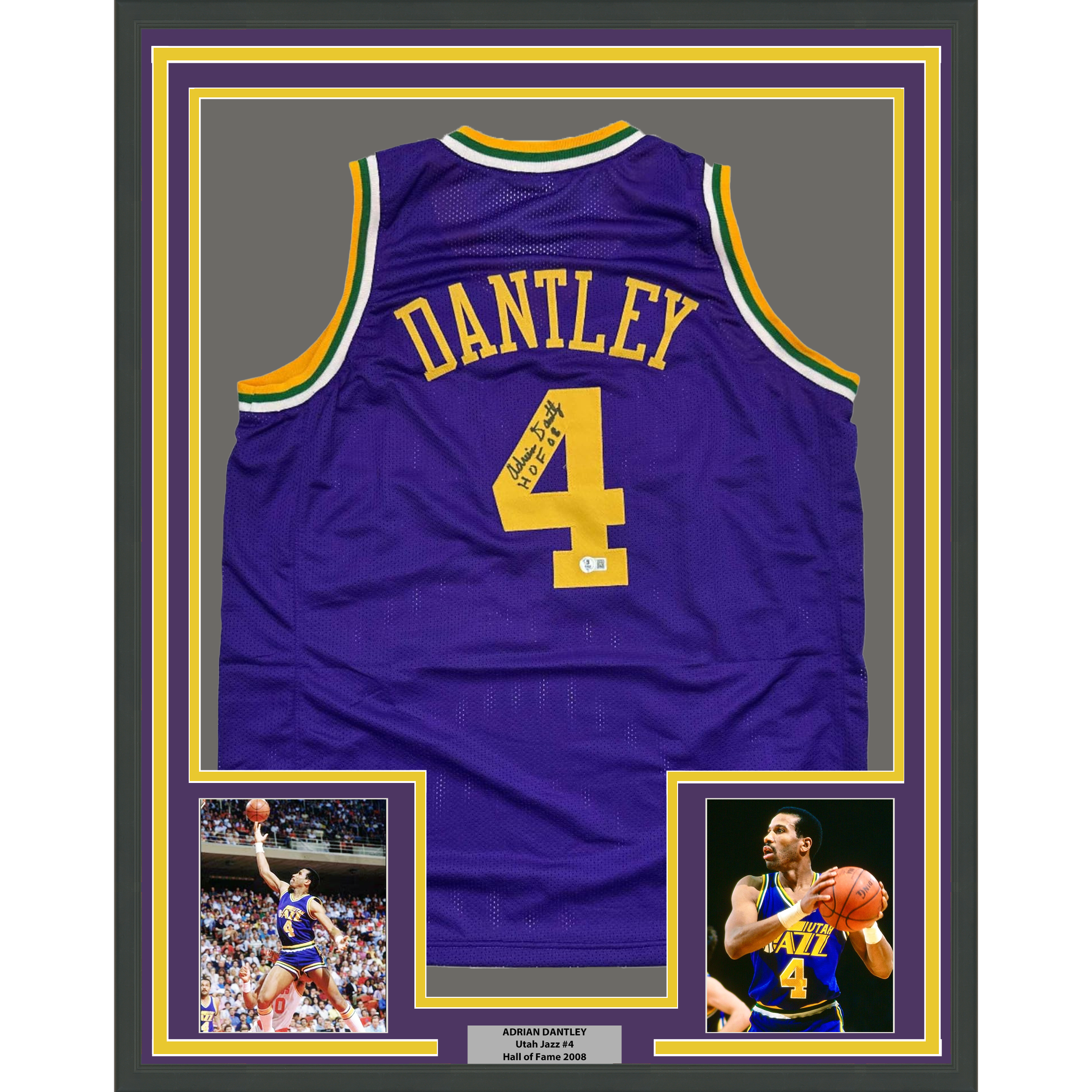 Framed Autographed/Signed Adrian Dantley 35x39 HOF 2008 Utah Purple Basketball Jersey Beckett BAS COA