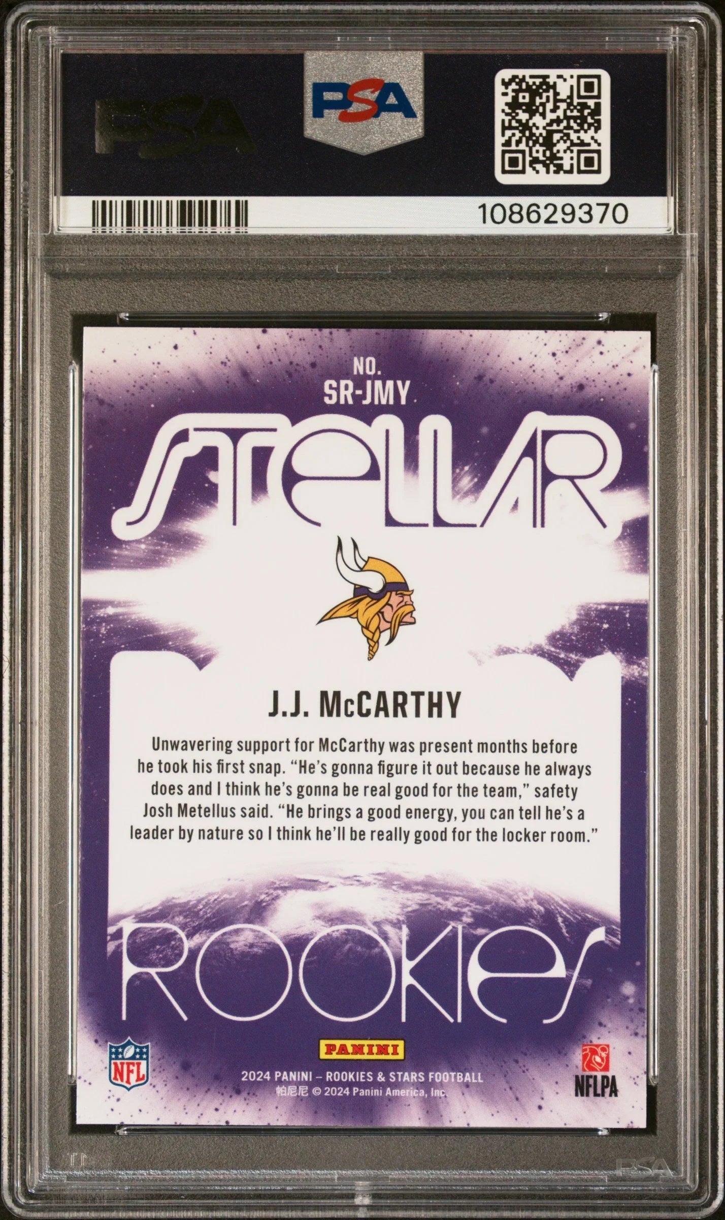 Graded 2024 Panini Rookies & Stars JJ McCarthy #SRJMY Stellar Rookies Rookie RC Football Card PSA 10 Gem Mint