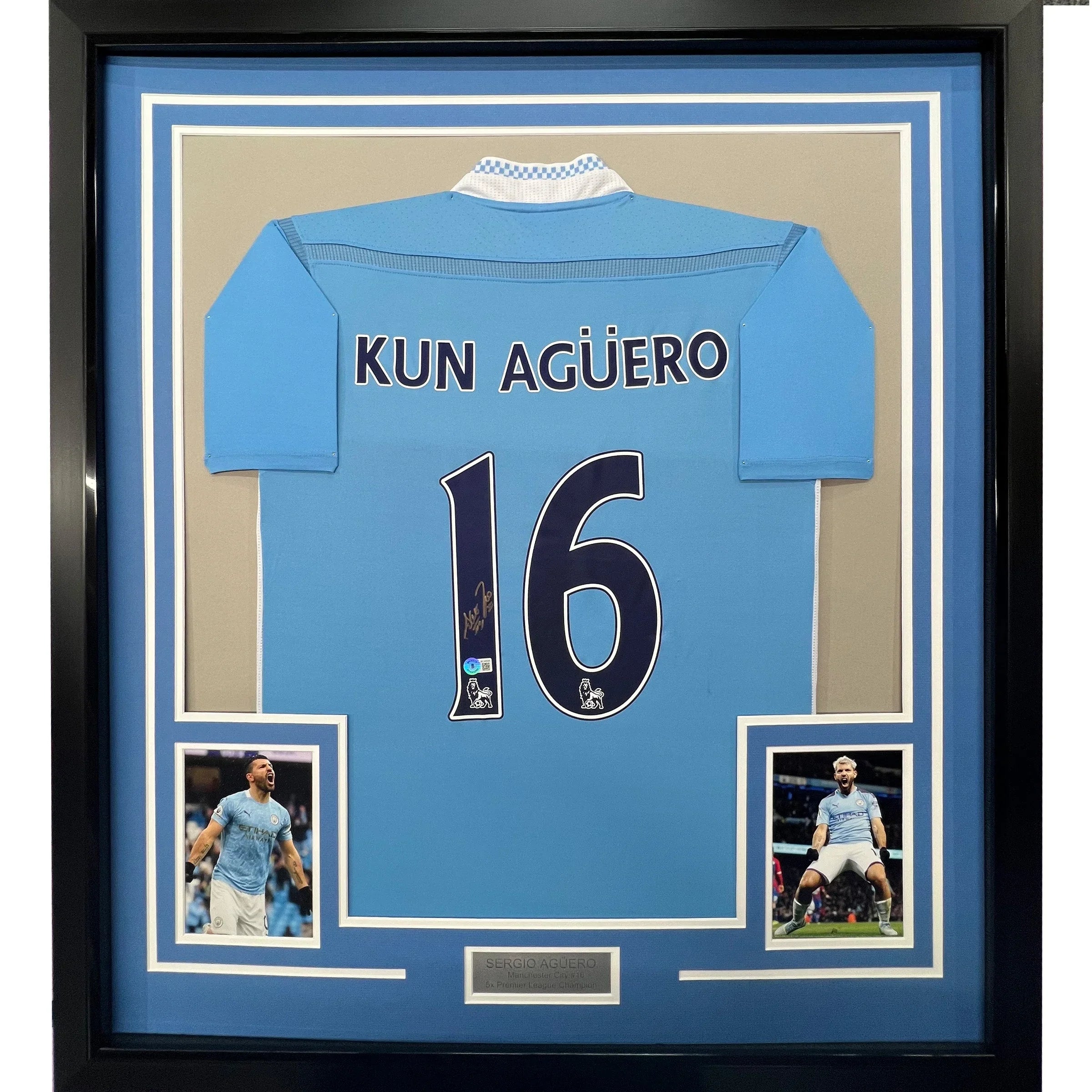 Framed Autographed/Signed Sergio Kun Aguero 35x39 Manchester City Blue Soccer Futbol Jersey Beckett BAS COA