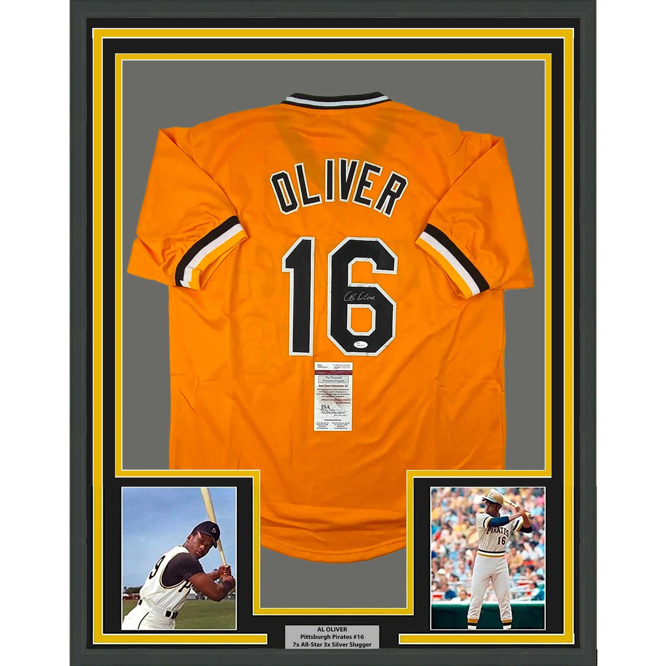 Framed Autographed/Signed Al Oliver 35x39 Pittsburgh Yellow Baseball Jersey JSA COA