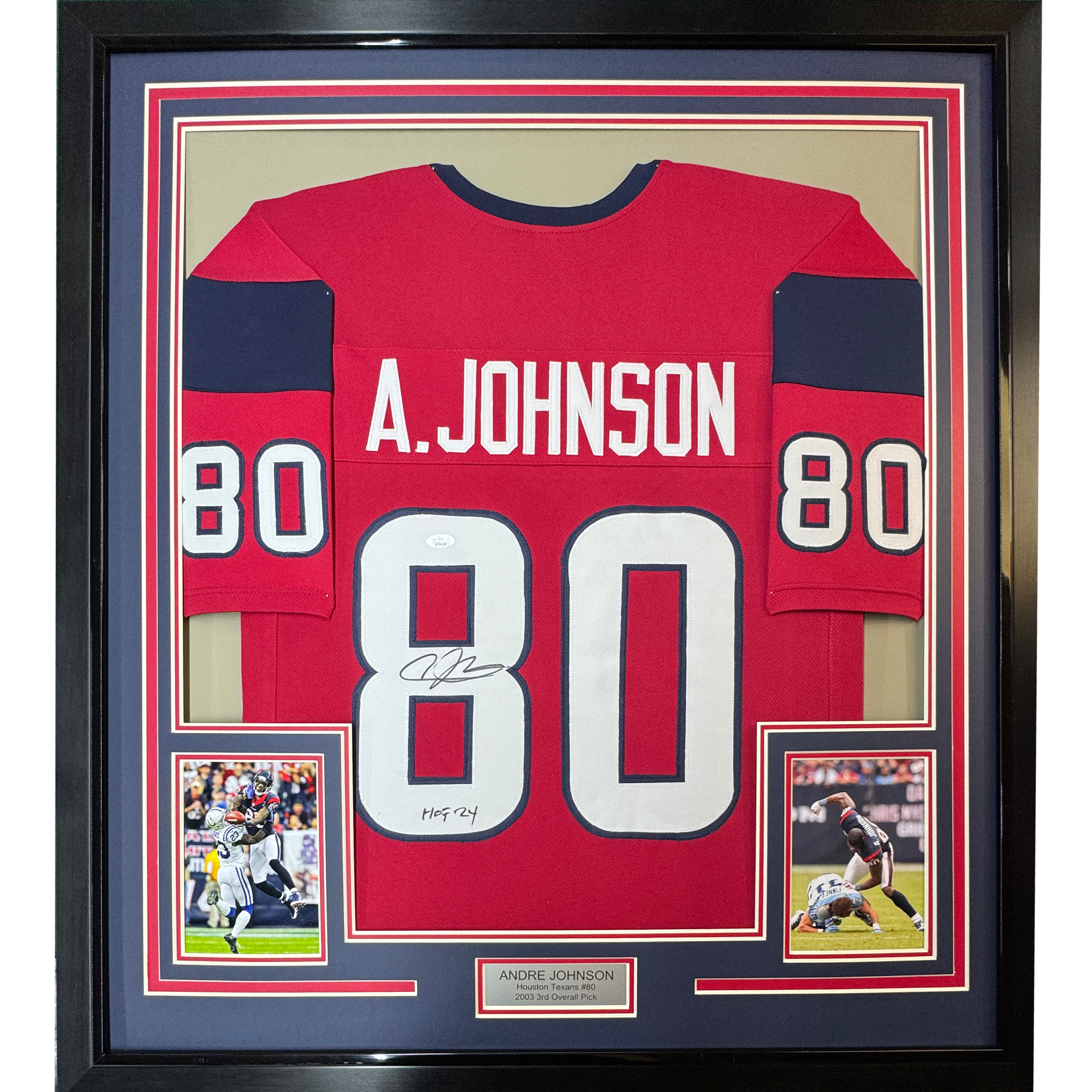 Framed Autographed/Signed Andre Johnson 35x39 Houston Texans Red Football Jersey JSA COA
