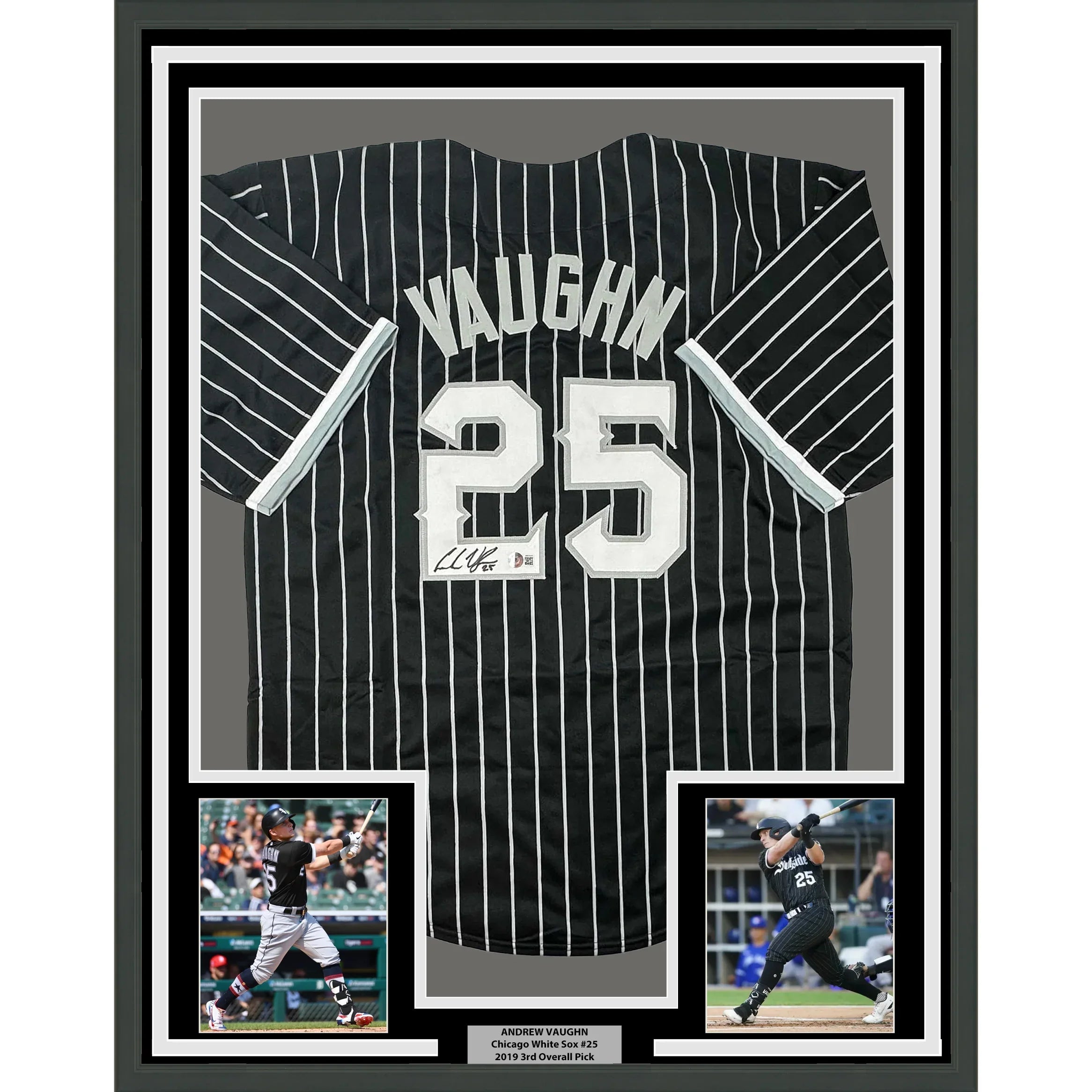 Framed Autographed/Signed Andrew Vaughn 35x39 Chicago Black Pinstripe City Edition Baseball Jersey Beckett BAS COA