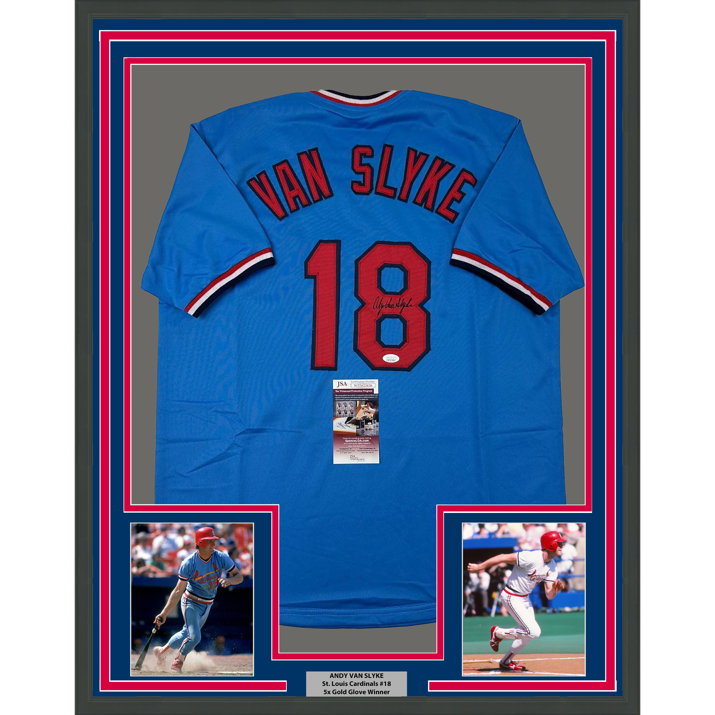 Framed Autographed/Signed Andy Van Slyke 35x39 St. Louis Blue Baseball Jersey JSA COA