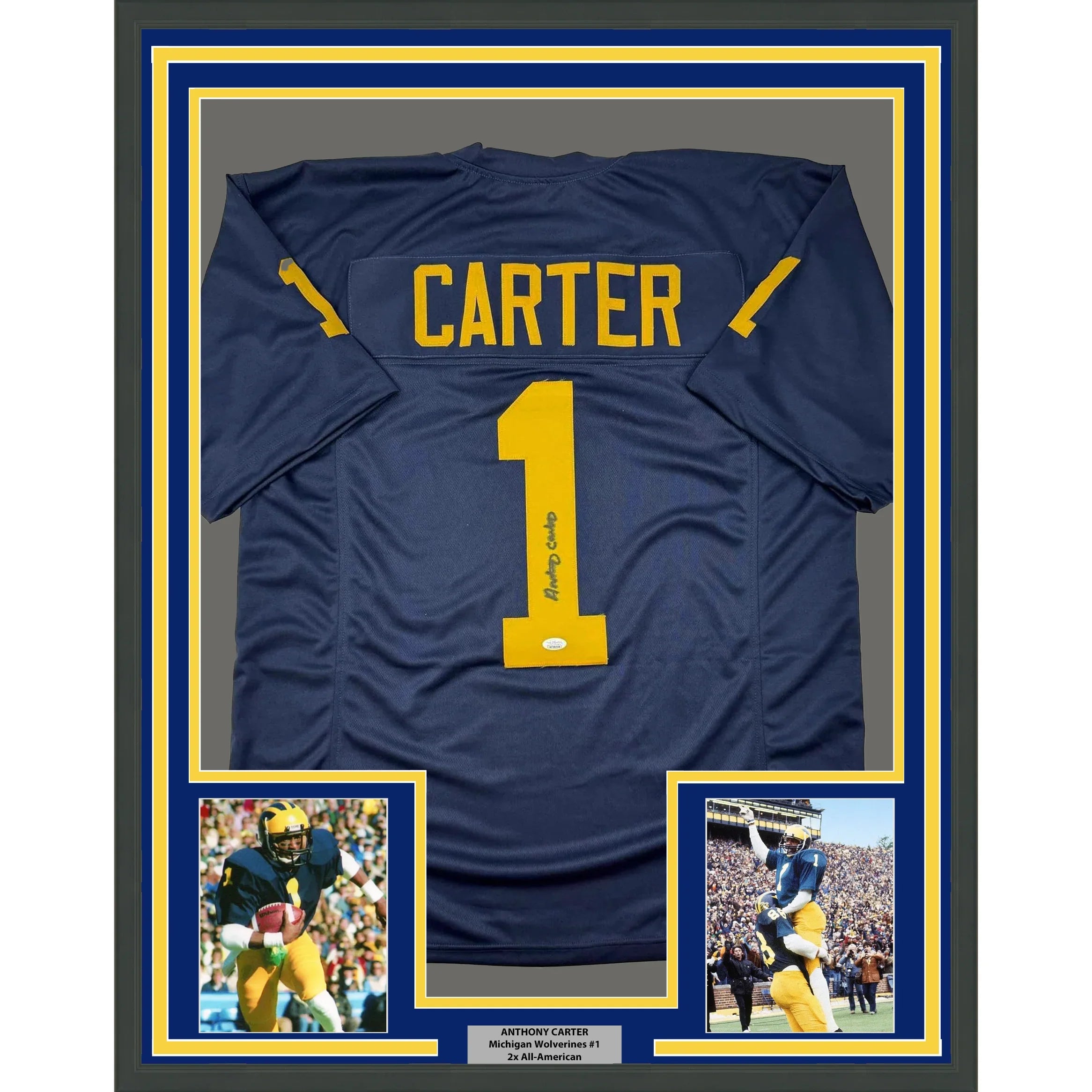 Framed Autographed/Signed Anthony Carter 35x39 Michigan Blue College Football Jersey JSA COA